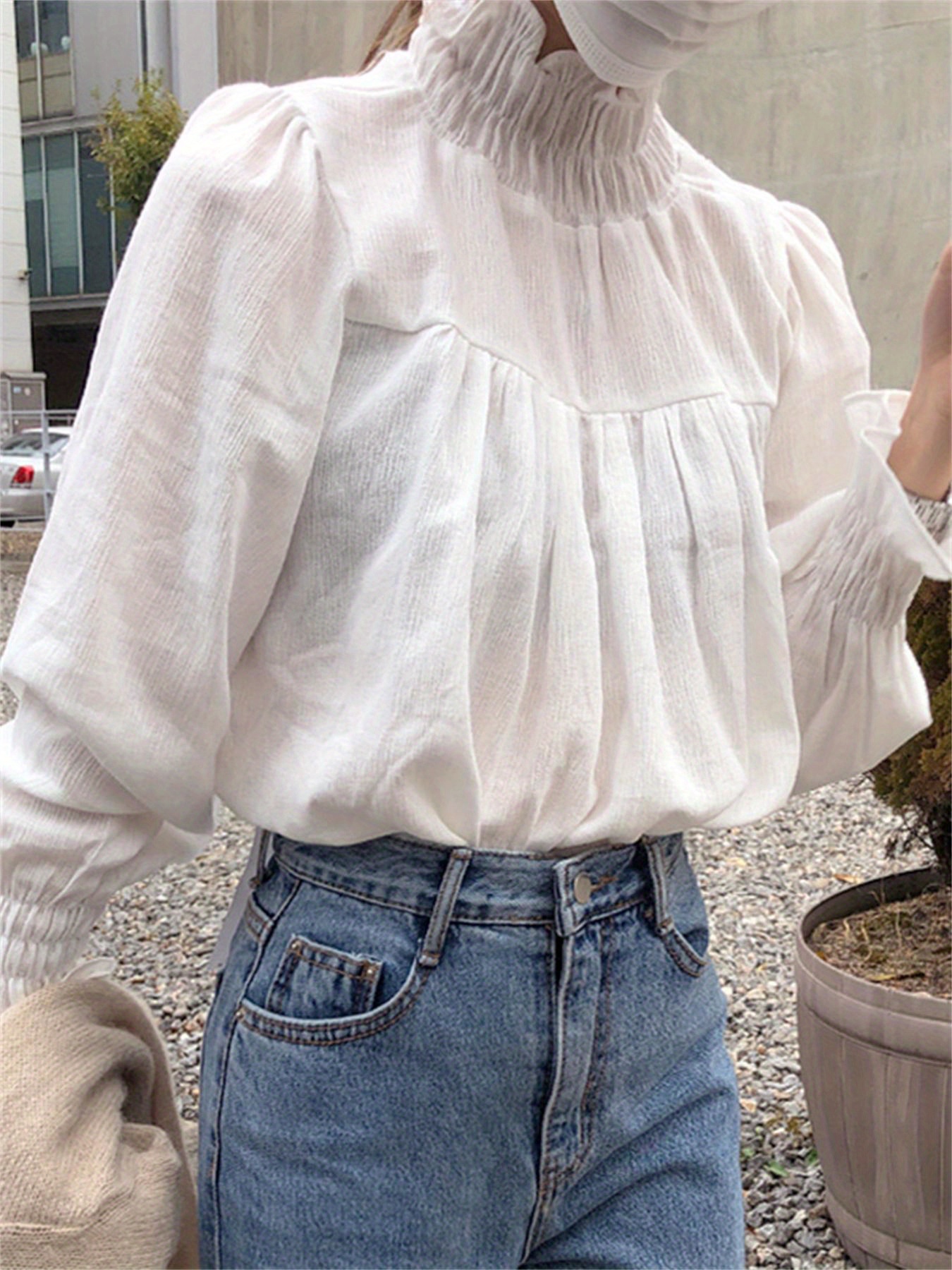 Ruffle Trim Mock Neck Blouse, Casual Solid Long Sleeve Pleated Shirred Blouse For Spring & Fall, Women's Clothing