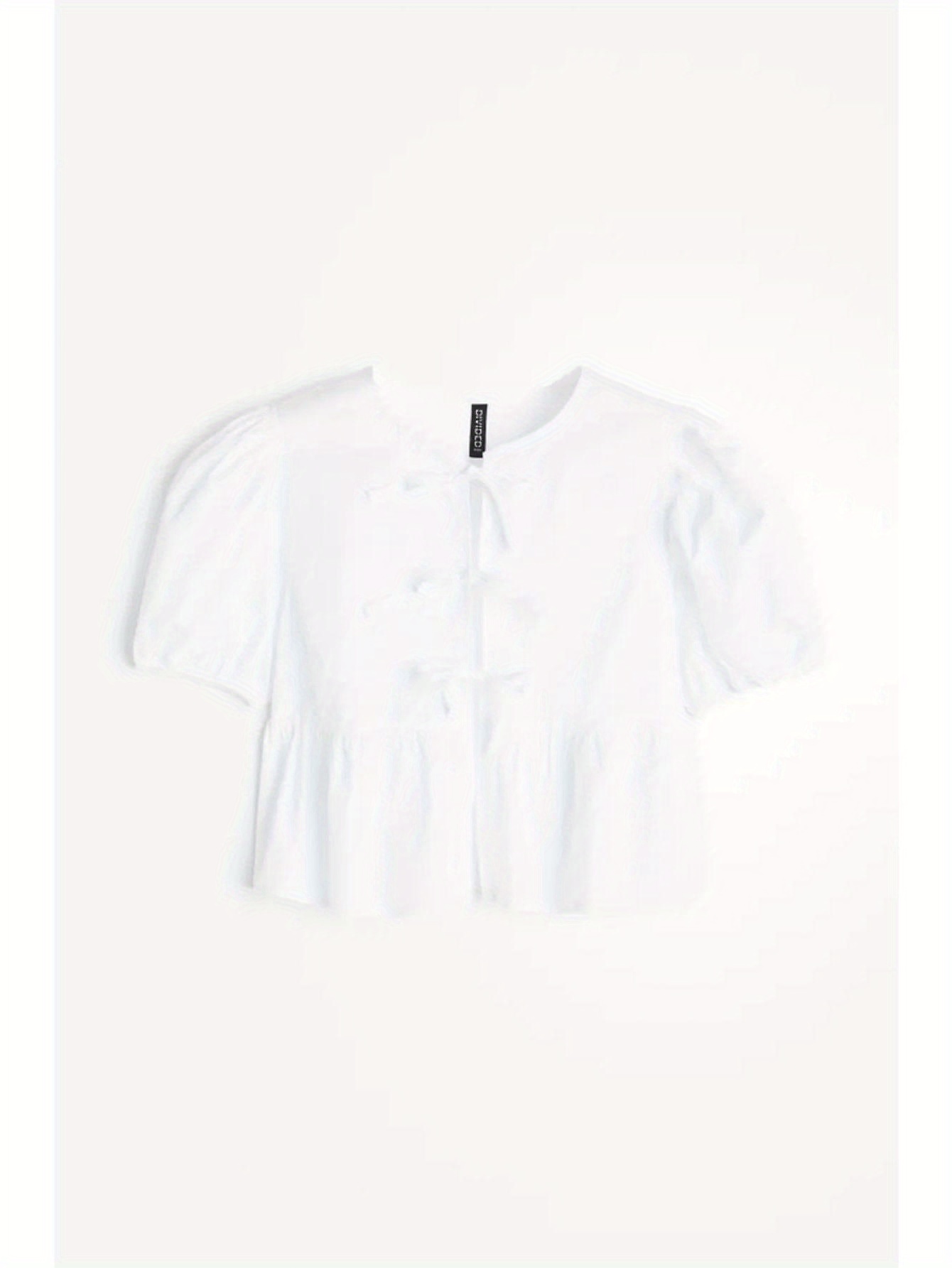 Tie Up Front Crew Neck Blouse, Elegant Short Puff Sleeve Ruffle Hem Blouse For Spring & Summer, Women's Clothing