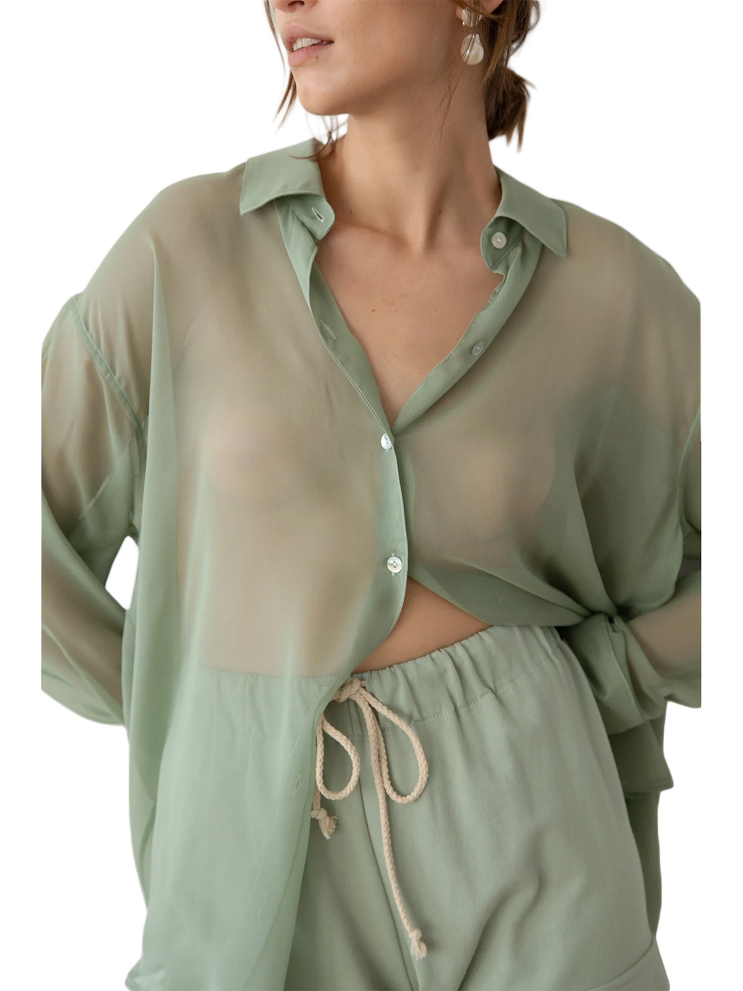 Womenacute;s Blouse, Lapel Collar Long Sleeve Button-Down See-Through Loose Shirt for Ladies
