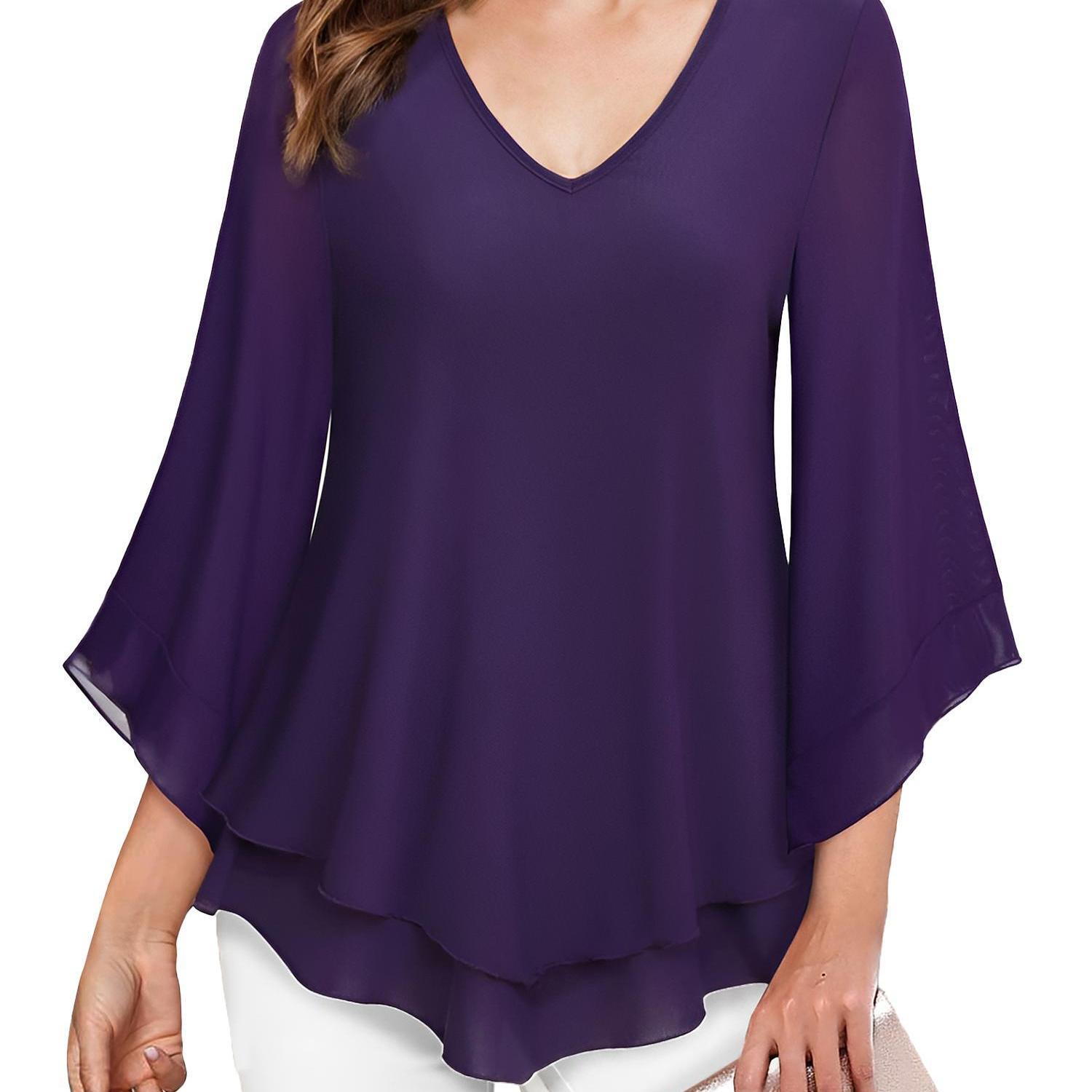 tooluck Womens Blouse Double Layers Mesh Shirt Ruffle 3 F4 Flared Sleeve Tops