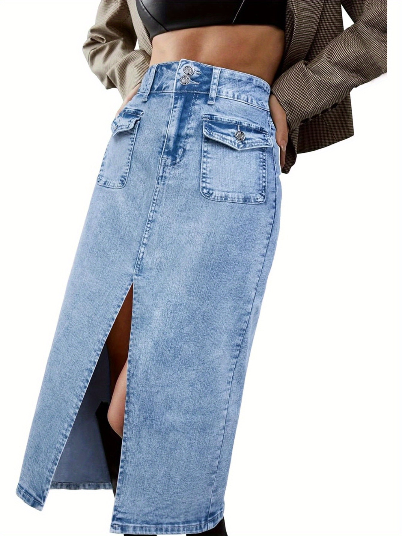 Women's Casual Midi-Length Denim Skirt With Front Slit And Patch Pockets, Straight Cut Jean Skirt
