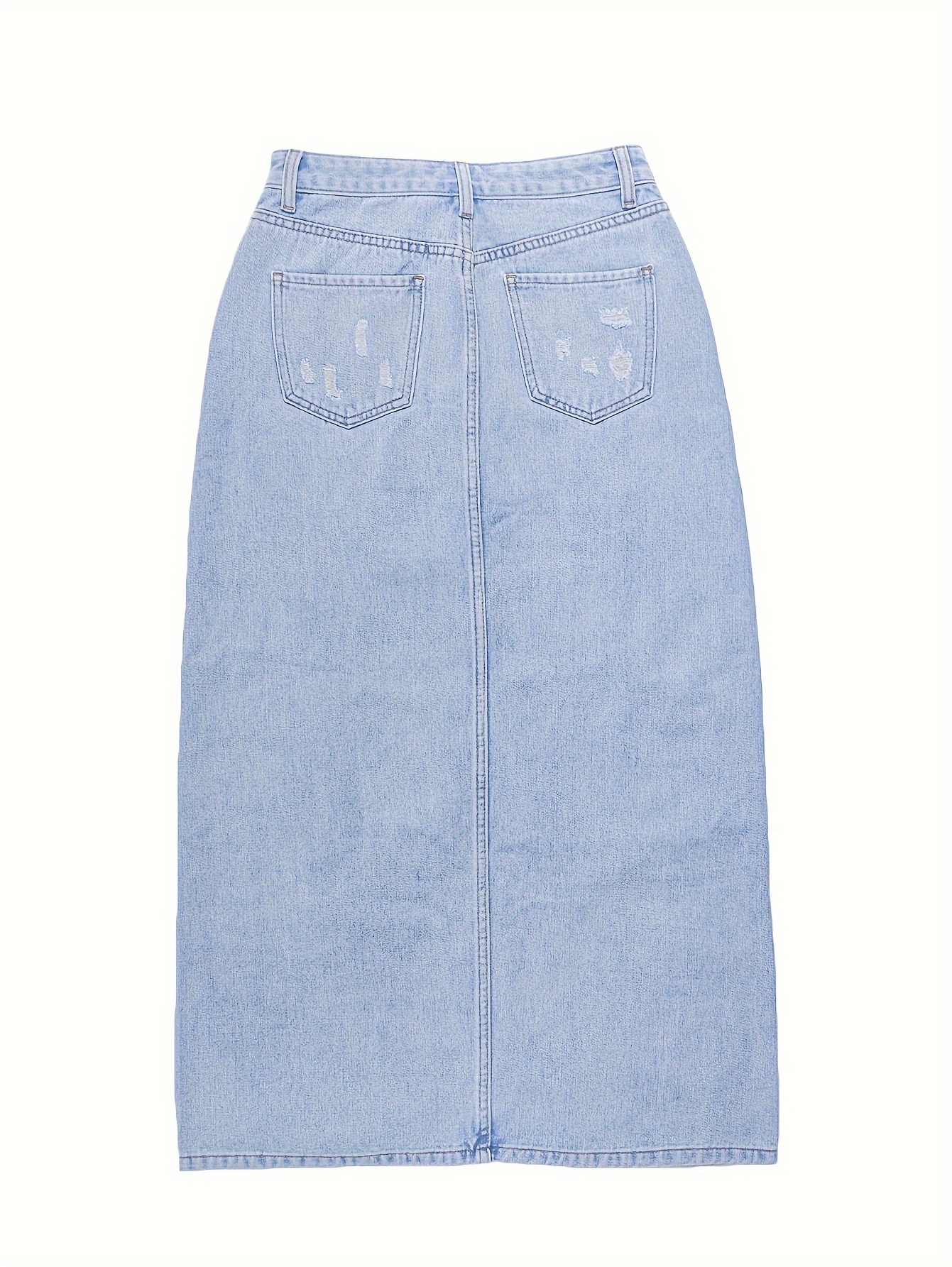Ripped Split Front Plain Washed Blue Streetwear Maxi Denim Skirt, Women's Denim Jeans & Clothing