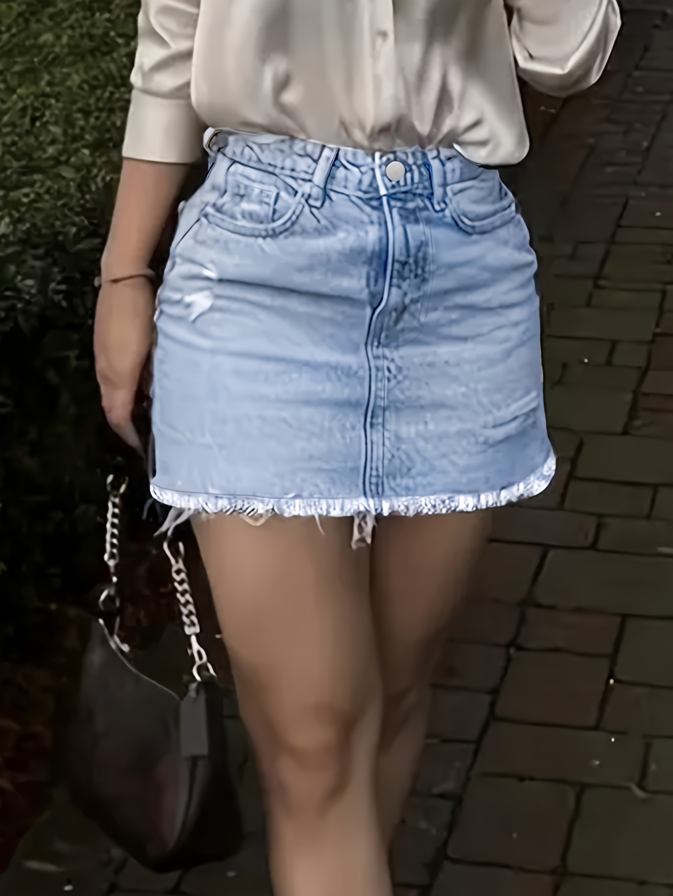 Ripped Raw Hem Plain Washed Blue Y2K Streetwear Style Mini Denim Skirt, Women's Denim Jeans & Clothing