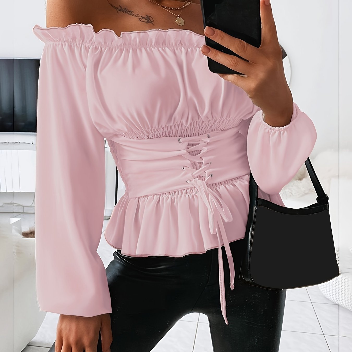 Chic Off Shoulder Ruffle Blouse with Tie Detail; Flattering Long Sleeve, Versatile & Machine Washable