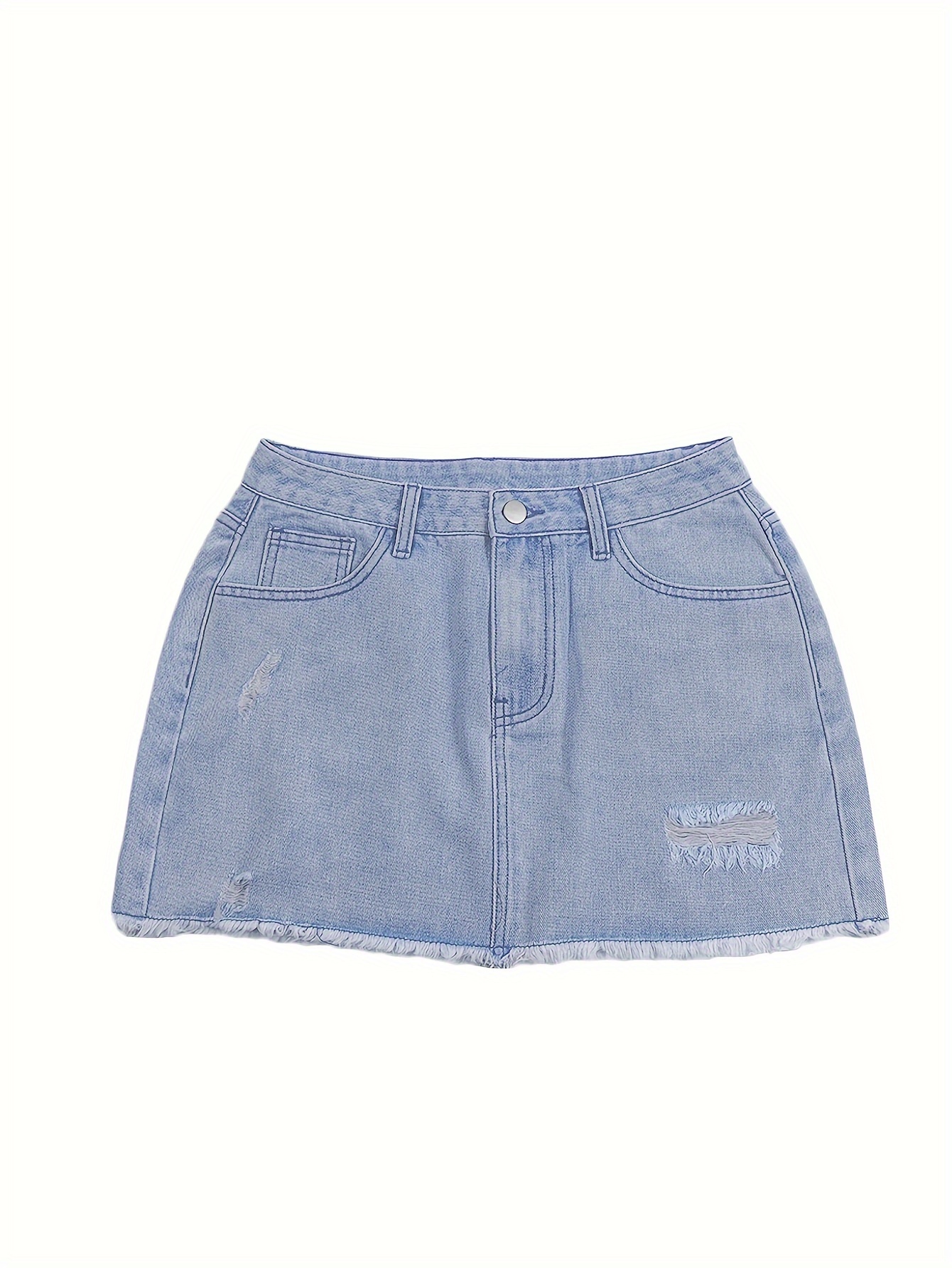 Ripped Raw Hem Plain Washed Blue Y2K Streetwear Style Mini Denim Skirt, Women's Denim Jeans & Clothing