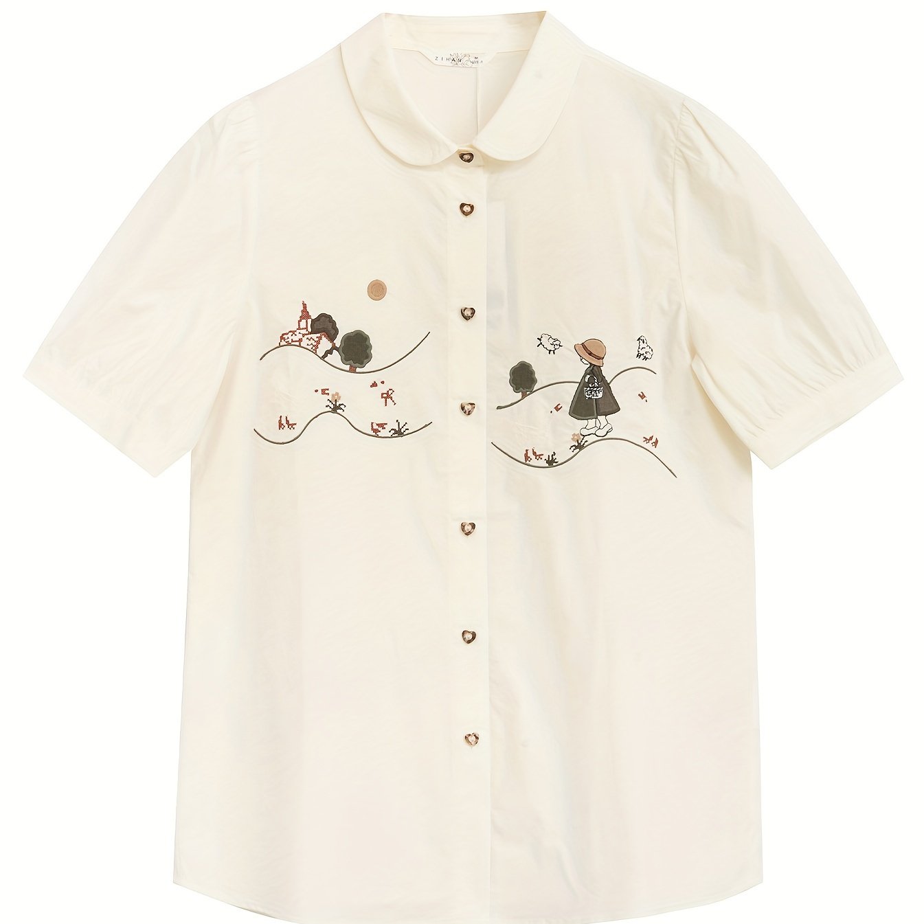 ZIHAN Summer 2024 Cute Cartoon Print Cotton Blouse - Polo Collar, 100% Cotton Lightweight Shirting, Woven, Adult Seasonal Top with Bubble Sleeves, Casual Loose-Fit Polo Shirt