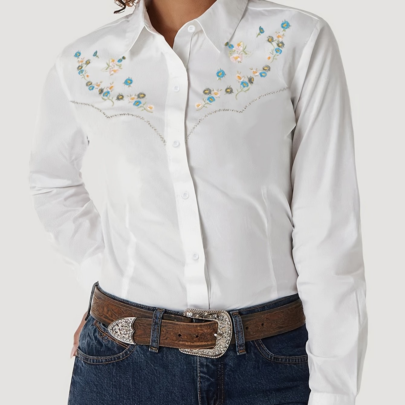 Floral Embroidery Single-breasted Shirt, Casual Long Sleeve Shirt For Spring & Fall, Women's Clothing