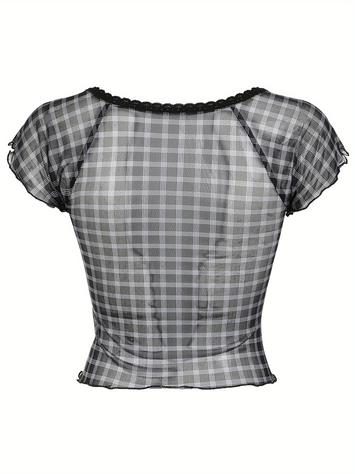 Women Crop Basic T-Shirts Summer Lettuce Trim Plaid Print Short Sleeve Tops for Streetwear Aesthetic Grunge Clothes