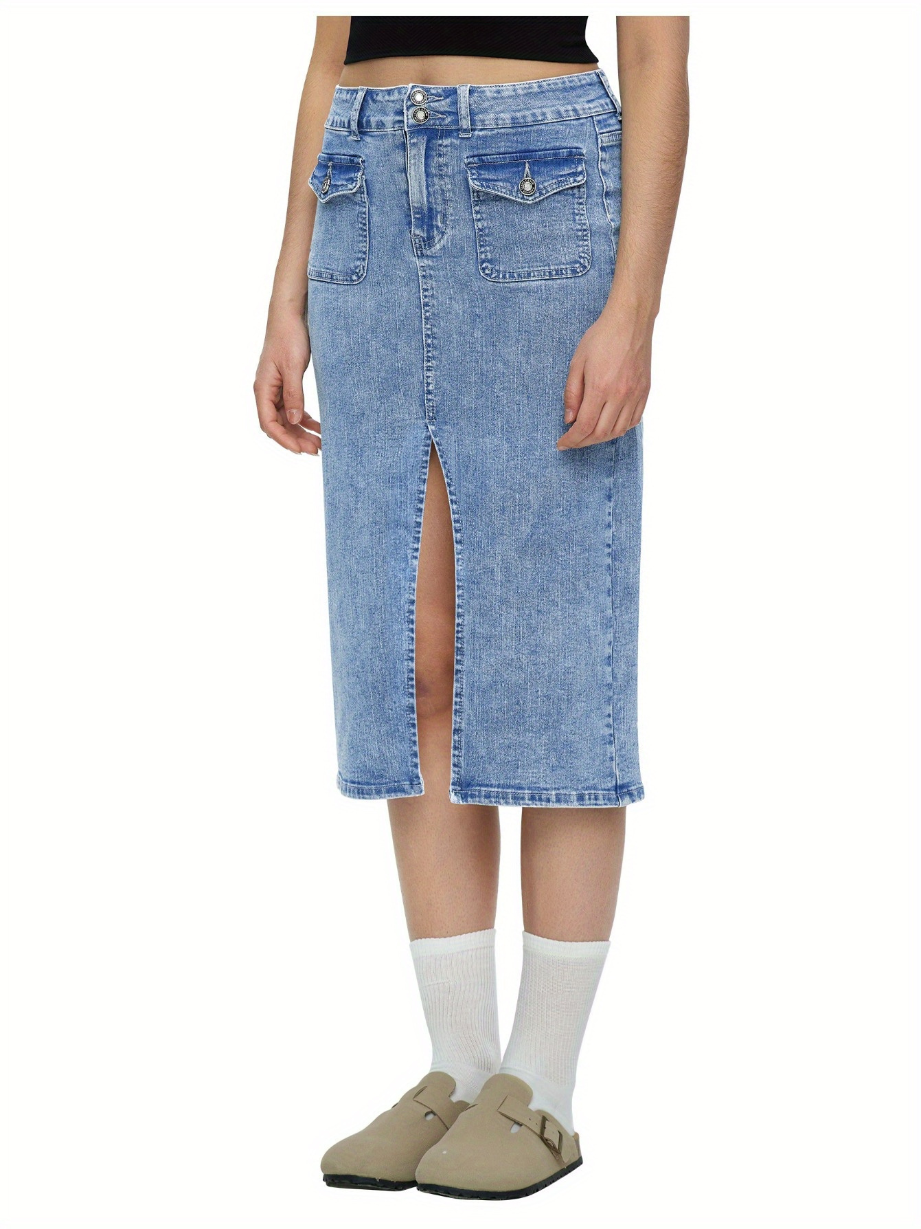 Women's Casual Midi-Length Denim Skirt With Front Slit And Patch Pockets, Straight Cut Jean Skirt