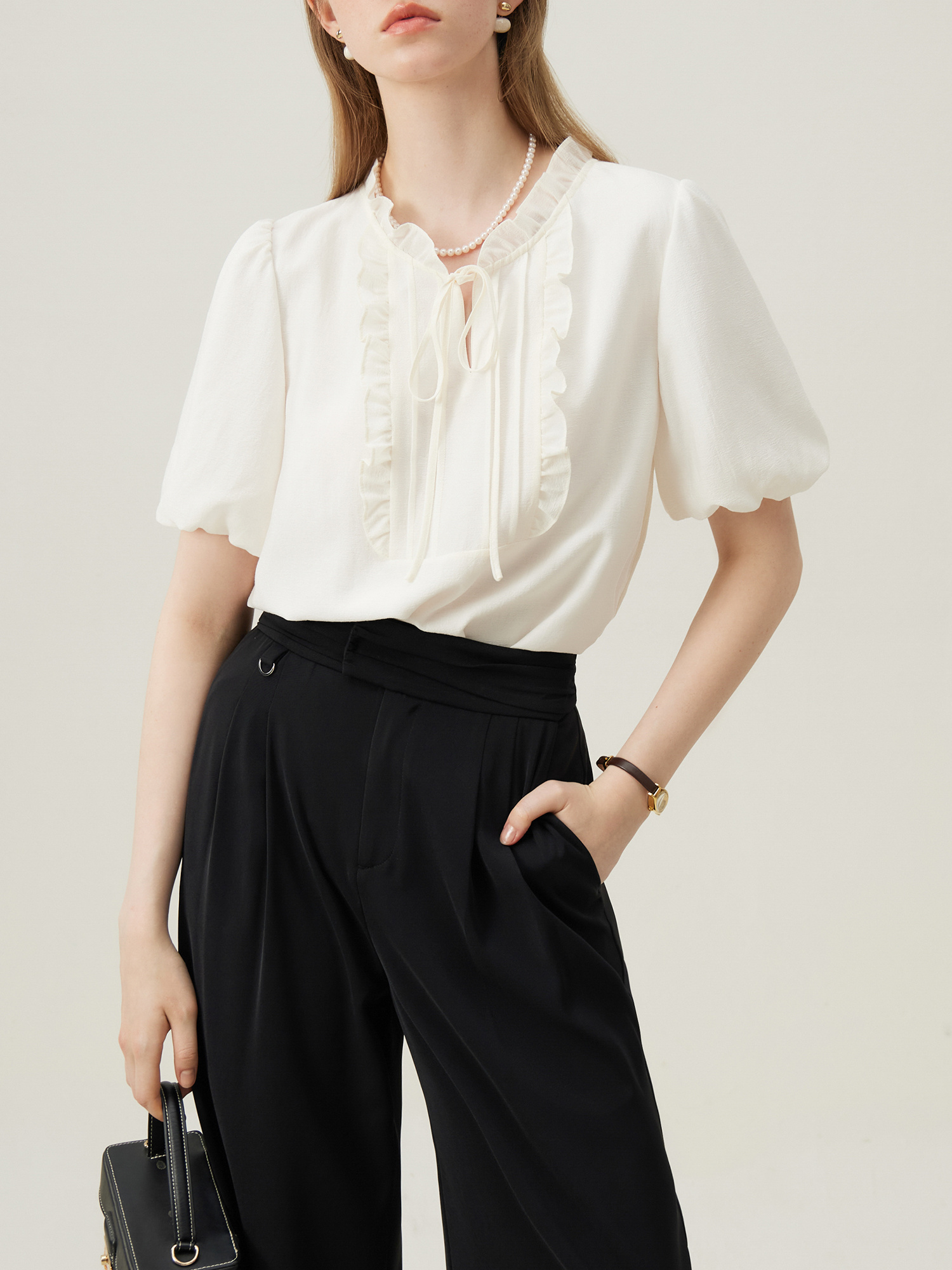 Ruffle Trim Tie Neck Blouse, Elegant Solid Short Sleeve Blouse For Spring & Summer, Women's Clothing