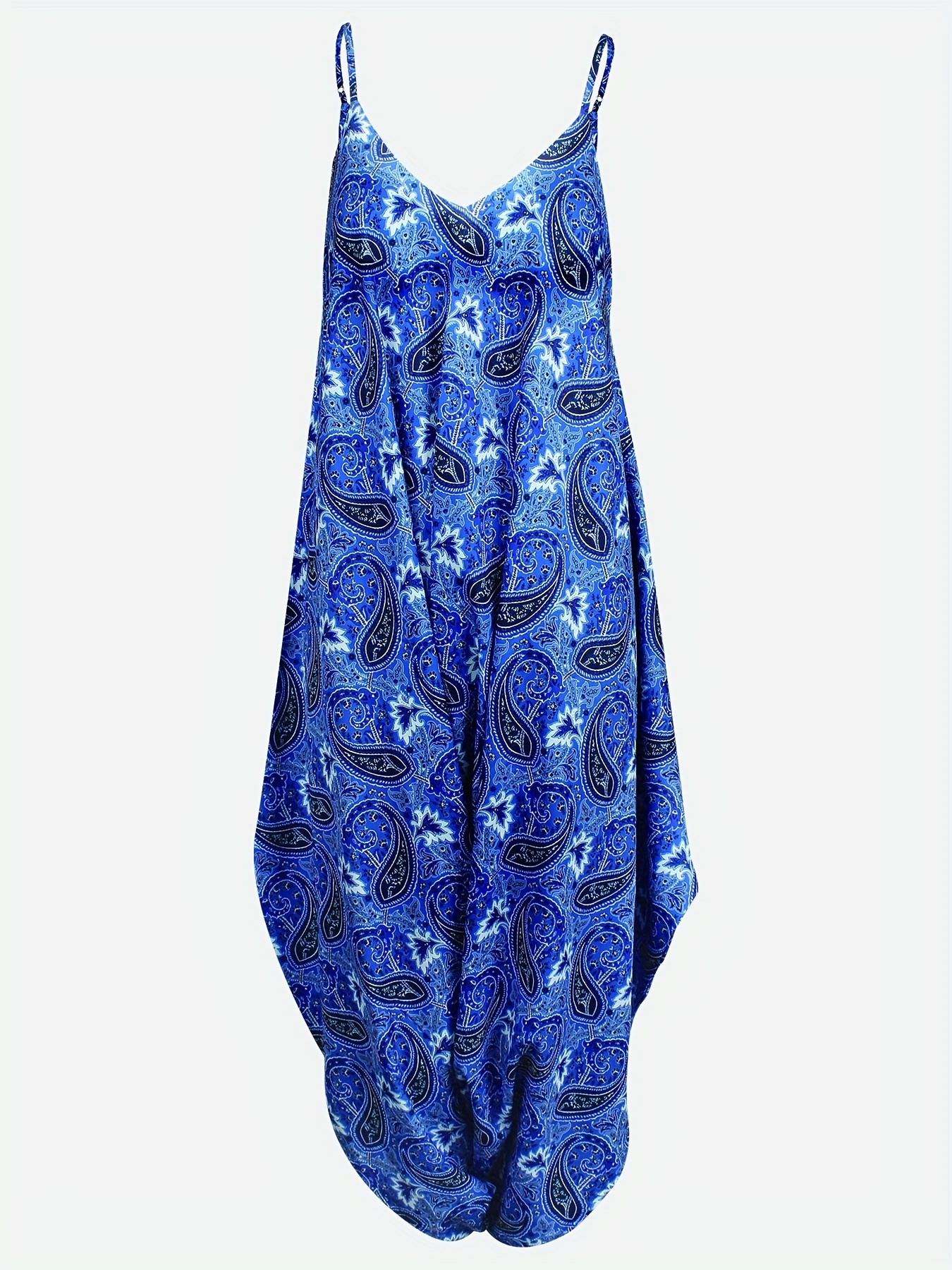 Paisley Print V-neck Cami Harem Pant Jumpsuit, Boho Sleeveless Baggy Jumpsuit For Spring & Summer, Women's Clothing