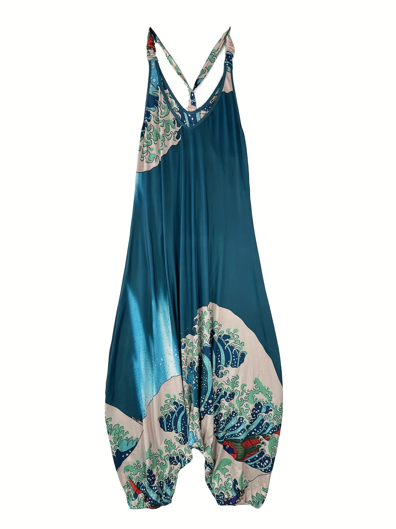 Graphic Print V Neck Harem Jumpsuit, Casual Spaghetti Strap Jumpsuit For Spring & Summer, Women's Clothing