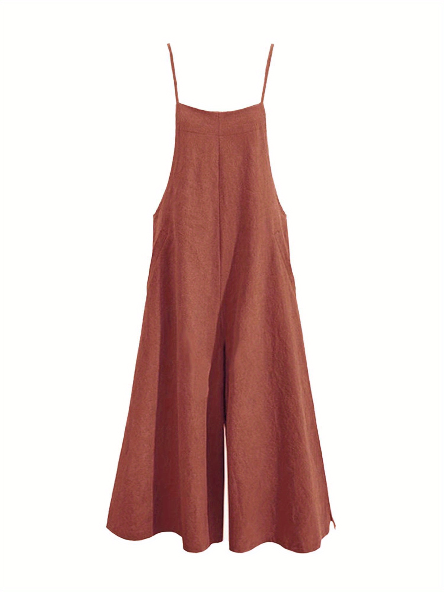 Solid Color Spaghetti Straps Jumpsuit, Casual Baggy Sleeveless With Pockets Jumpsuit For Spring & Summer, Women's Clothing