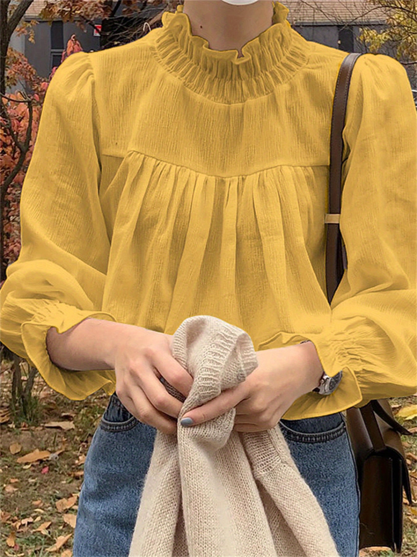Ruffle Trim Mock Neck Blouse, Casual Solid Long Sleeve Pleated Shirred Blouse For Spring & Fall, Women's Clothing