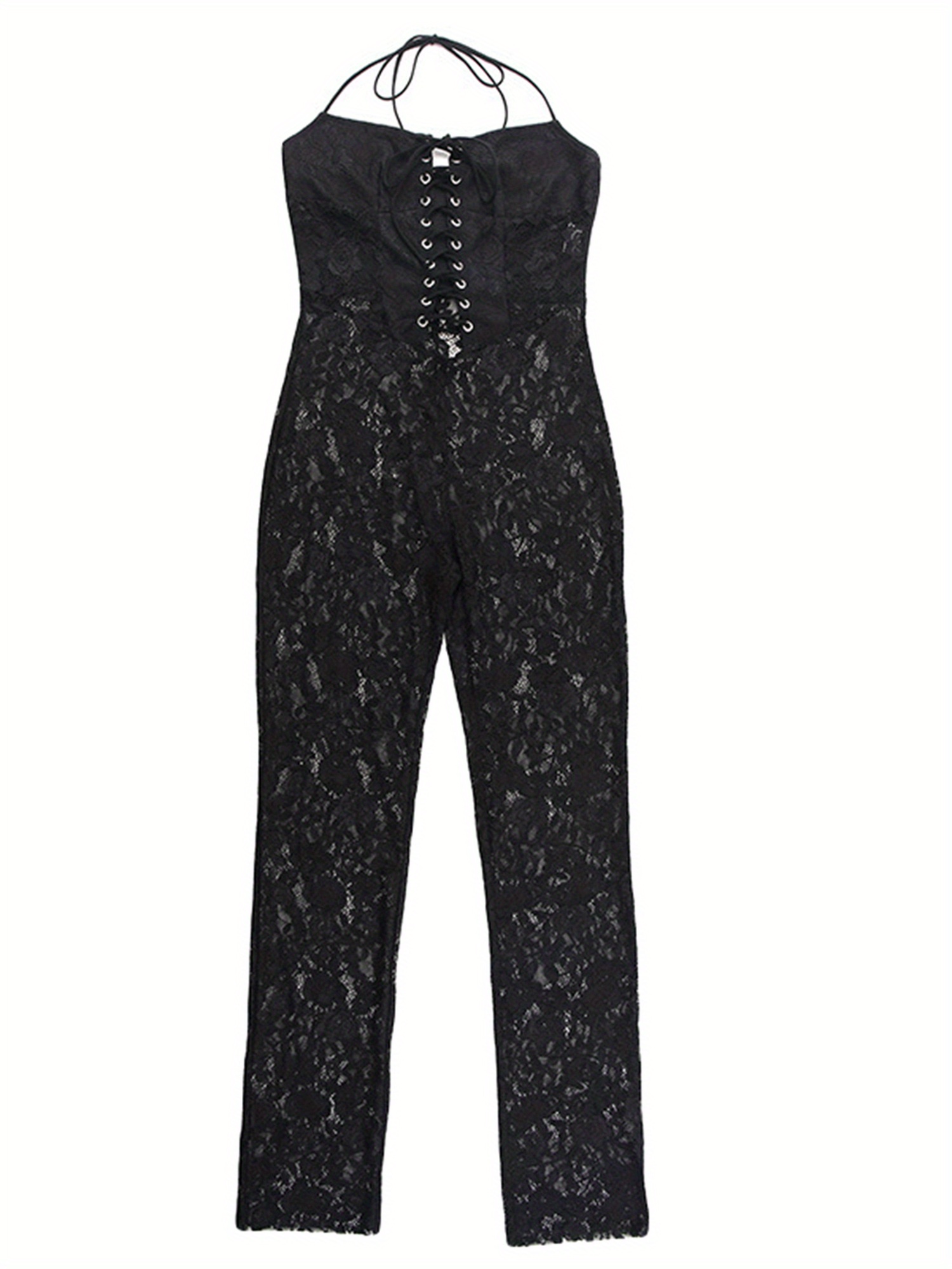 Solid Lace Cross Tie Halter Jumpsuit, Elegant Slim Backless Jumpsuit, Women's Clothing