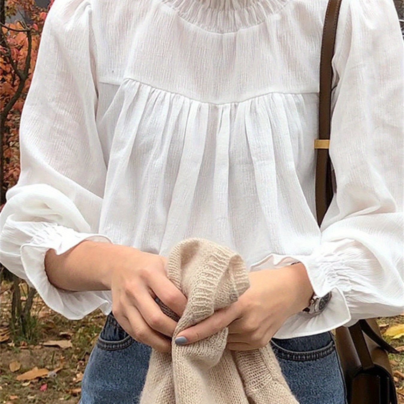 Ruffle Trim Mock Neck Blouse, Casual Solid Long Sleeve Pleated Shirred Blouse For Spring & Fall, Women's Clothing