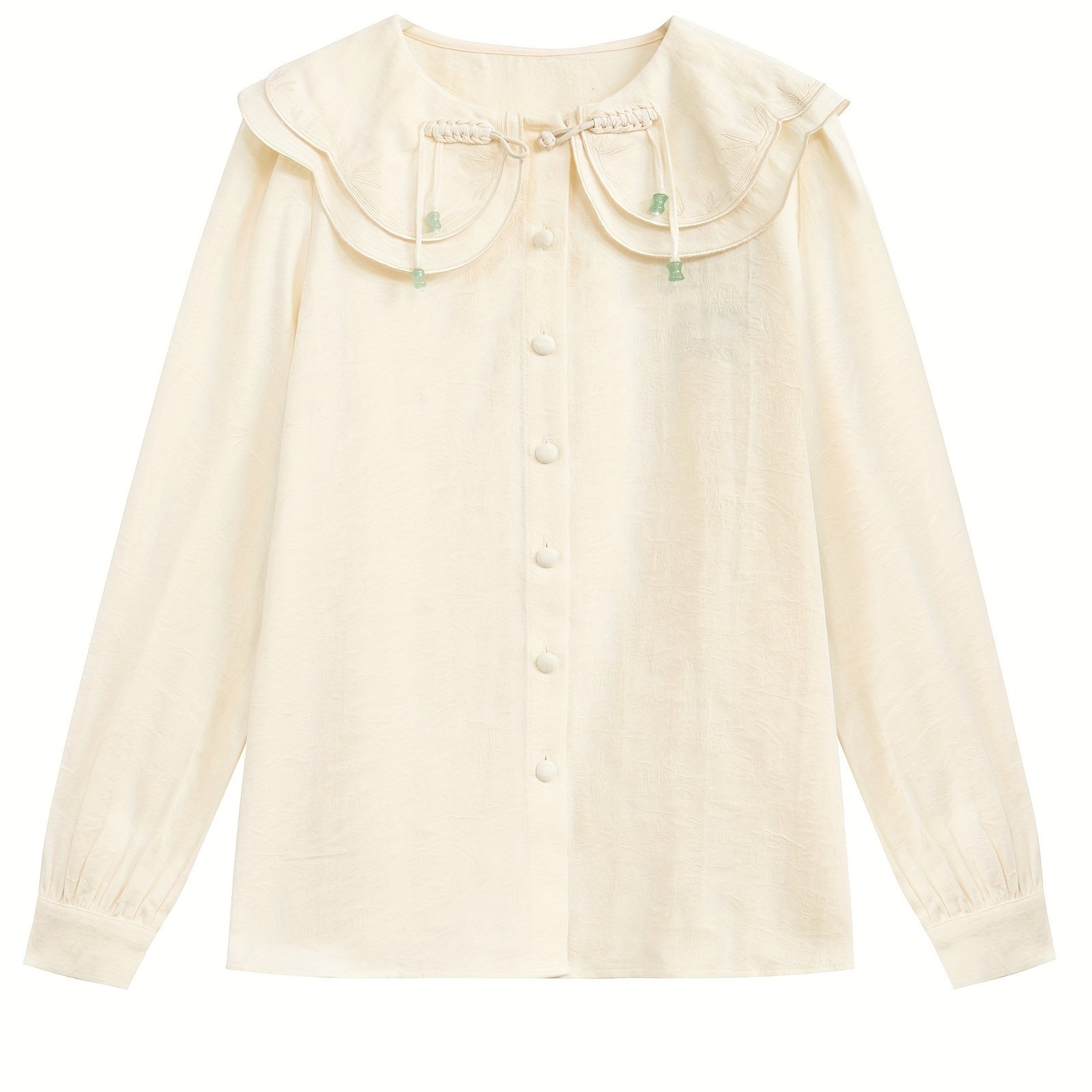 Layered Collared Frog Button Blouse, Elegant Long Sleeve Solid Color Blouse For Spring & Fall, Women's Clothing