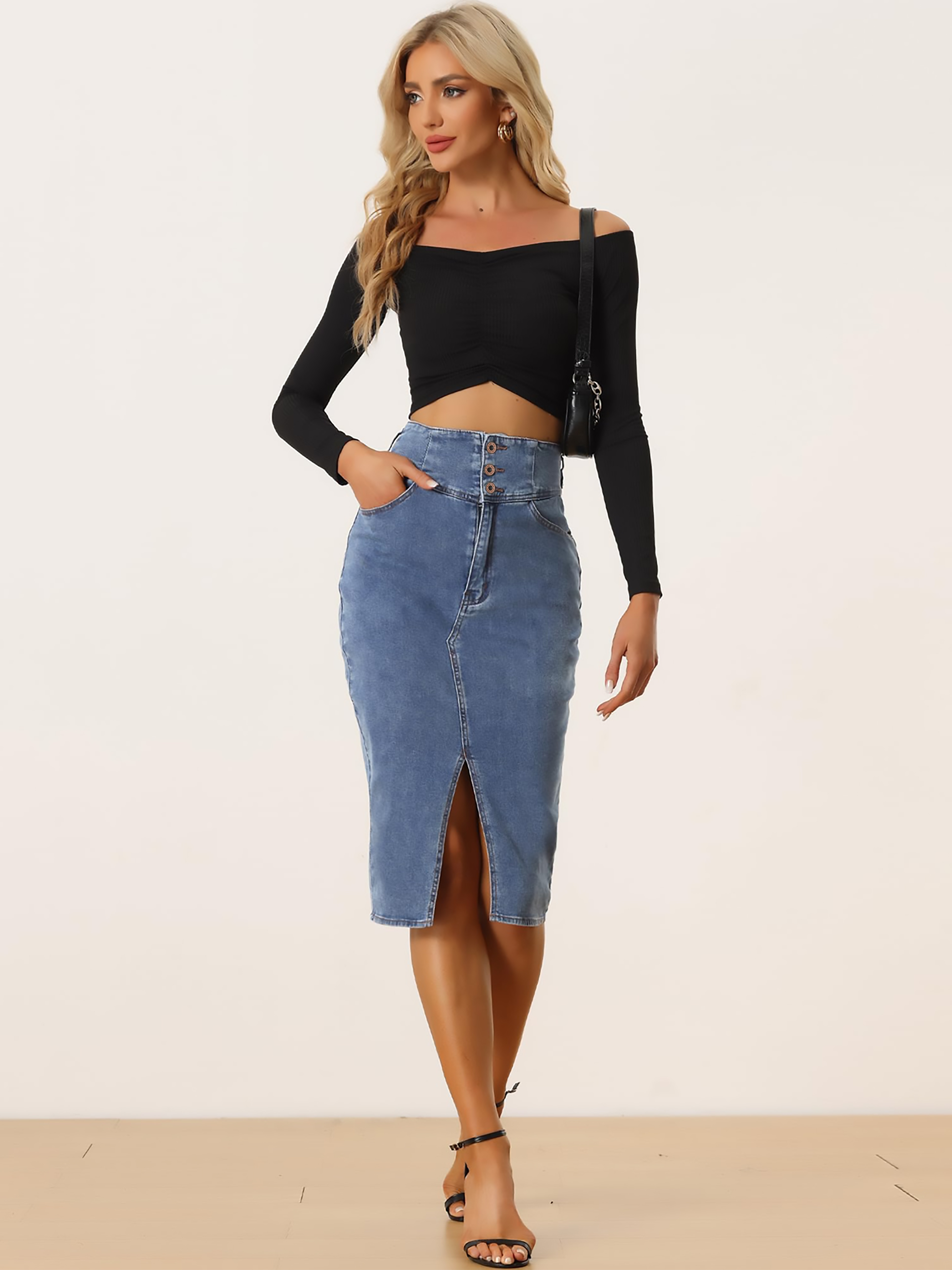 High Rise Single-breasted Elegant Style Split Front Plain Washed Blue Bodycon Denim Skirt, Women's Denim Jeans & Clothing