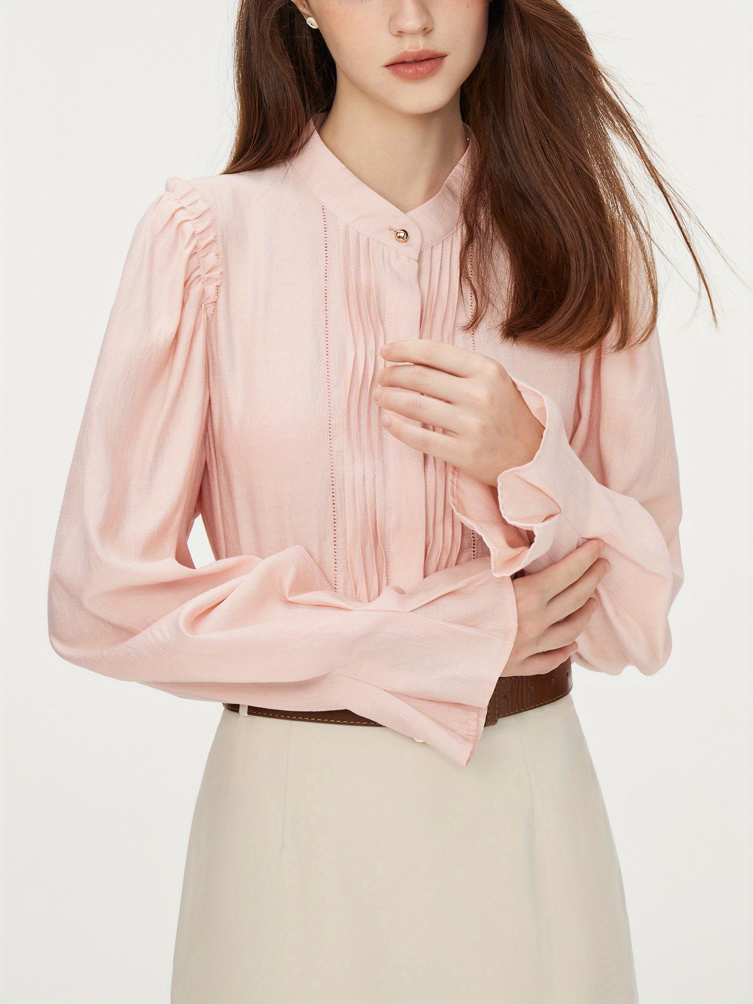 Elegant French-Inspired Women's Blouse - Long Sleeve With Stand Collar & Pleated Detail, Non-Stretch Viscose Blend, Perfect For Fall