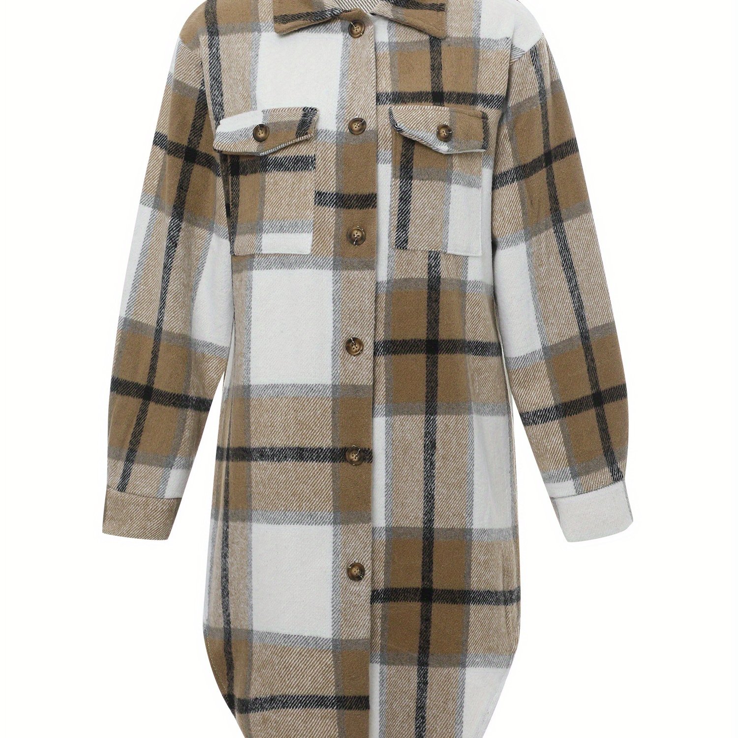 Plaid Pattern Button Up Blouse, Casual Lapel Collar Arc Hem Mid Length Blouse With Pocket, Women's Clothing