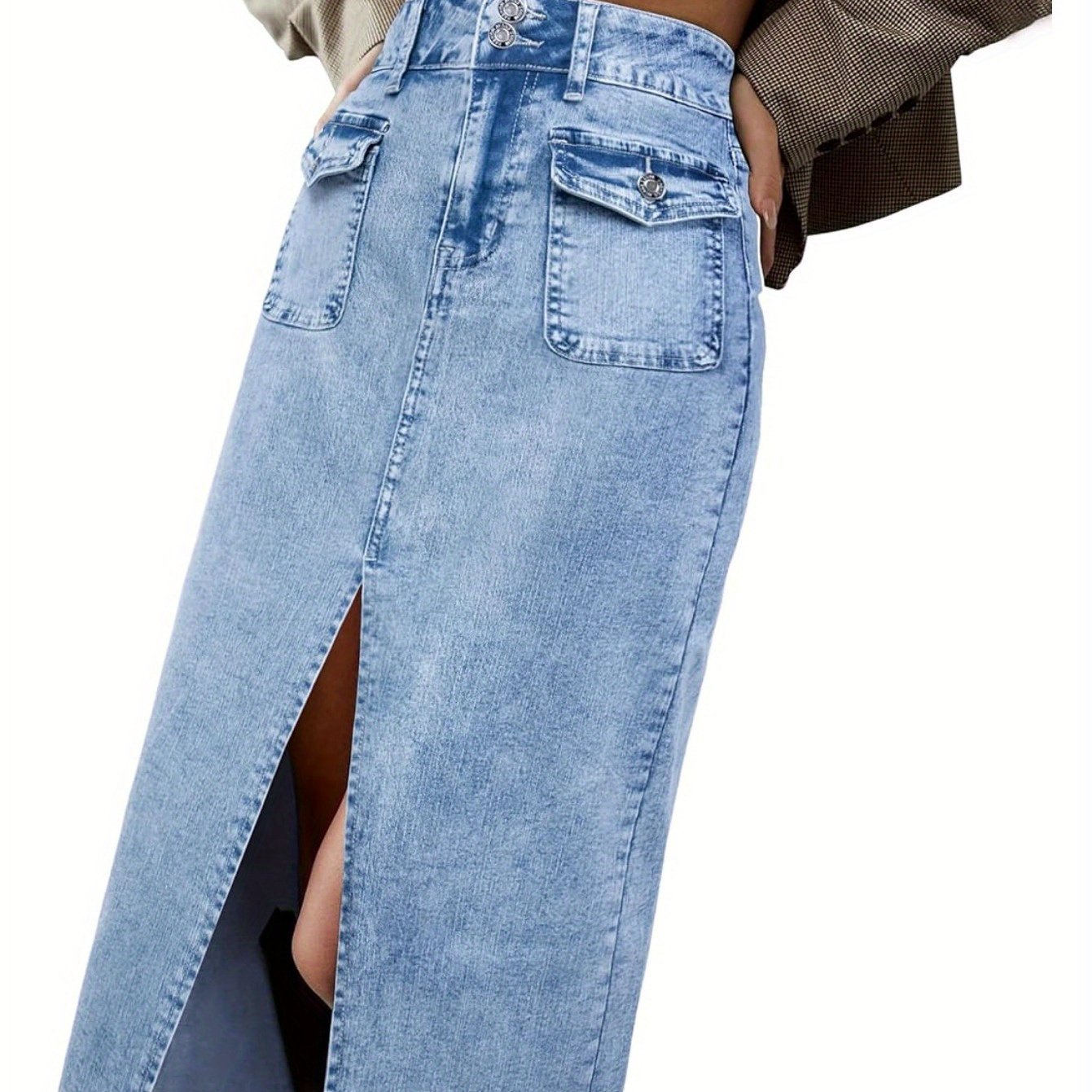 Women's Casual Midi-Length Denim Skirt With Front Slit And Patch Pockets, Straight Cut Jean Skirt