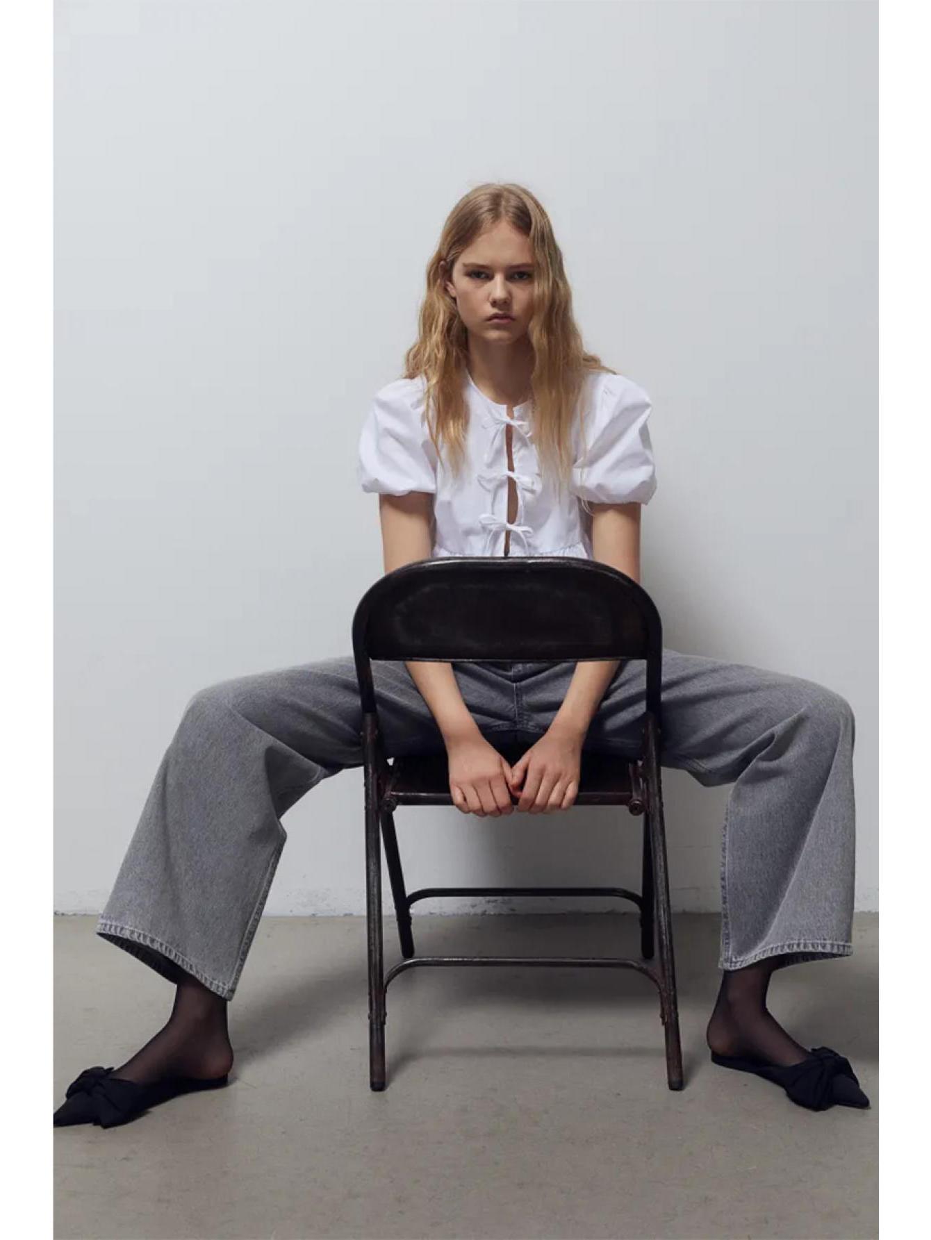 Tie Up Front Crew Neck Blouse, Elegant Short Puff Sleeve Ruffle Hem Blouse For Spring & Summer, Women's Clothing