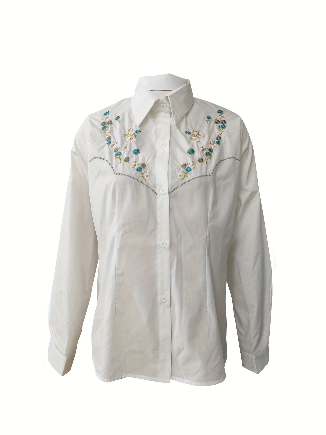 Floral Embroidery Single-breasted Shirt, Casual Long Sleeve Shirt For Spring & Fall, Women's Clothing