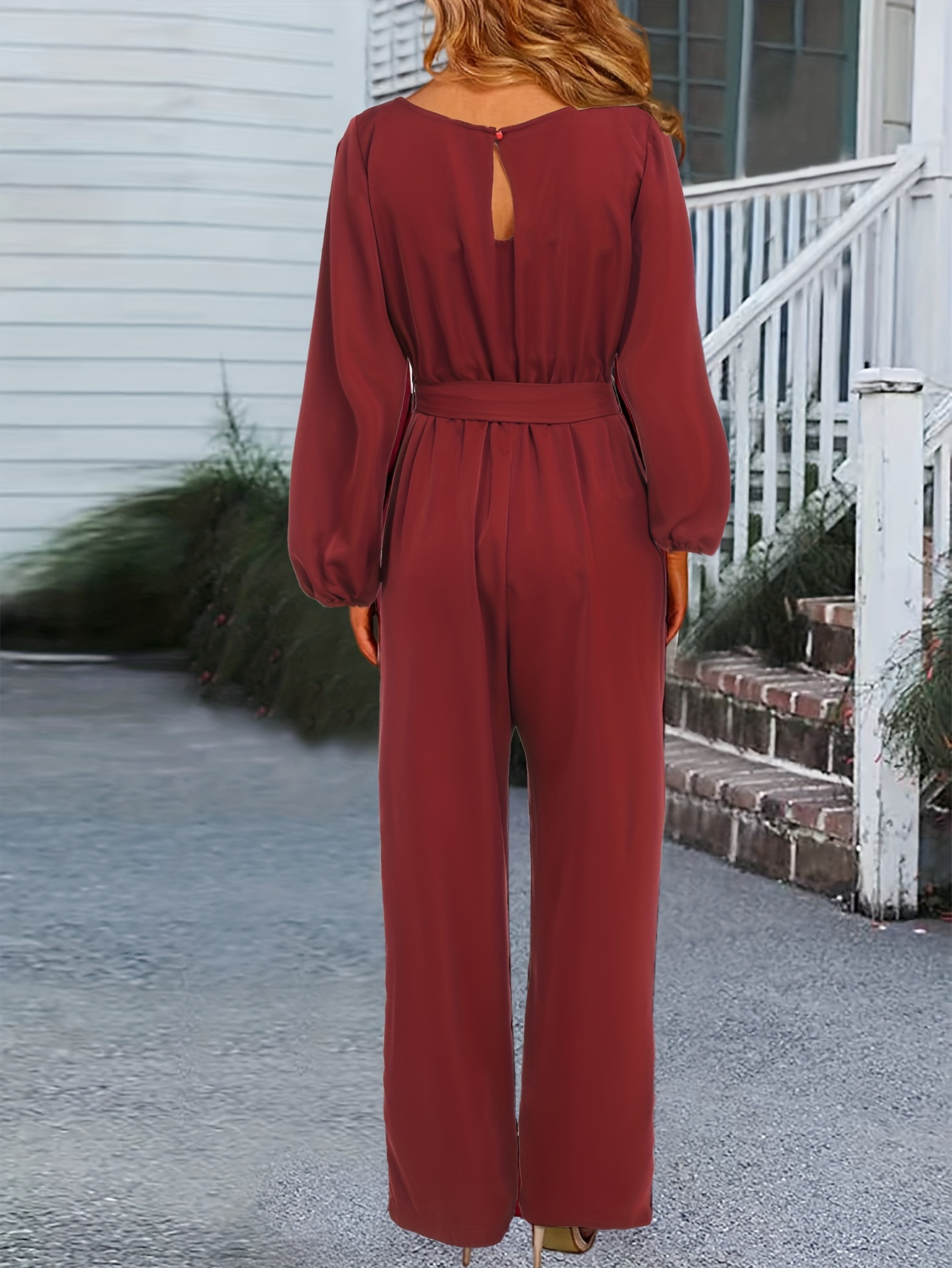 Crew Neck Wide Leg Jumpsuit, Elegant Lantern Sleeve Belted Jumpsuit For Spring & Fall, Women's Clothing