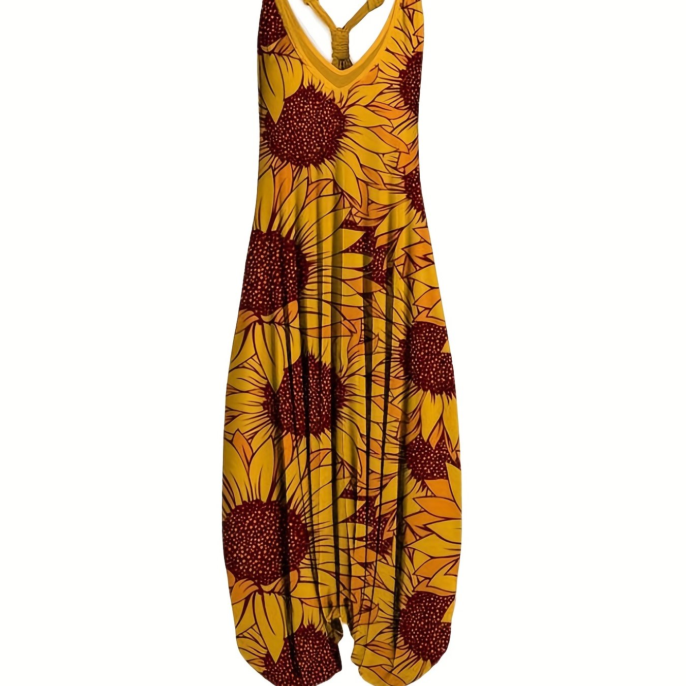 Vibrant Graphic Print Long Sleeveless V Neck Baggy Jumpsuit for Women - Relaxed Fit, Mid Elasticity, Machine Washable, Perfect for Summer Casual Occasions