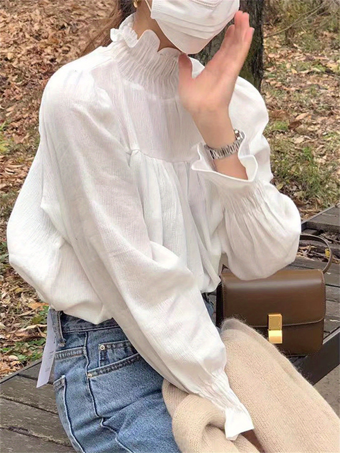 Ruffle Trim Mock Neck Blouse, Casual Solid Long Sleeve Pleated Shirred Blouse For Spring & Fall, Women's Clothing