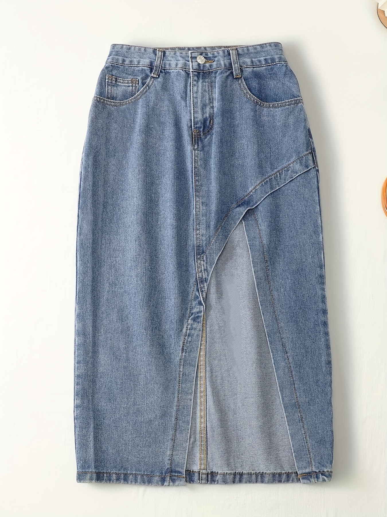 High-Waisted Irregular Split Midi Denim Skirt, Summer A-Line Plain Washed Blue Casual Style For Women
