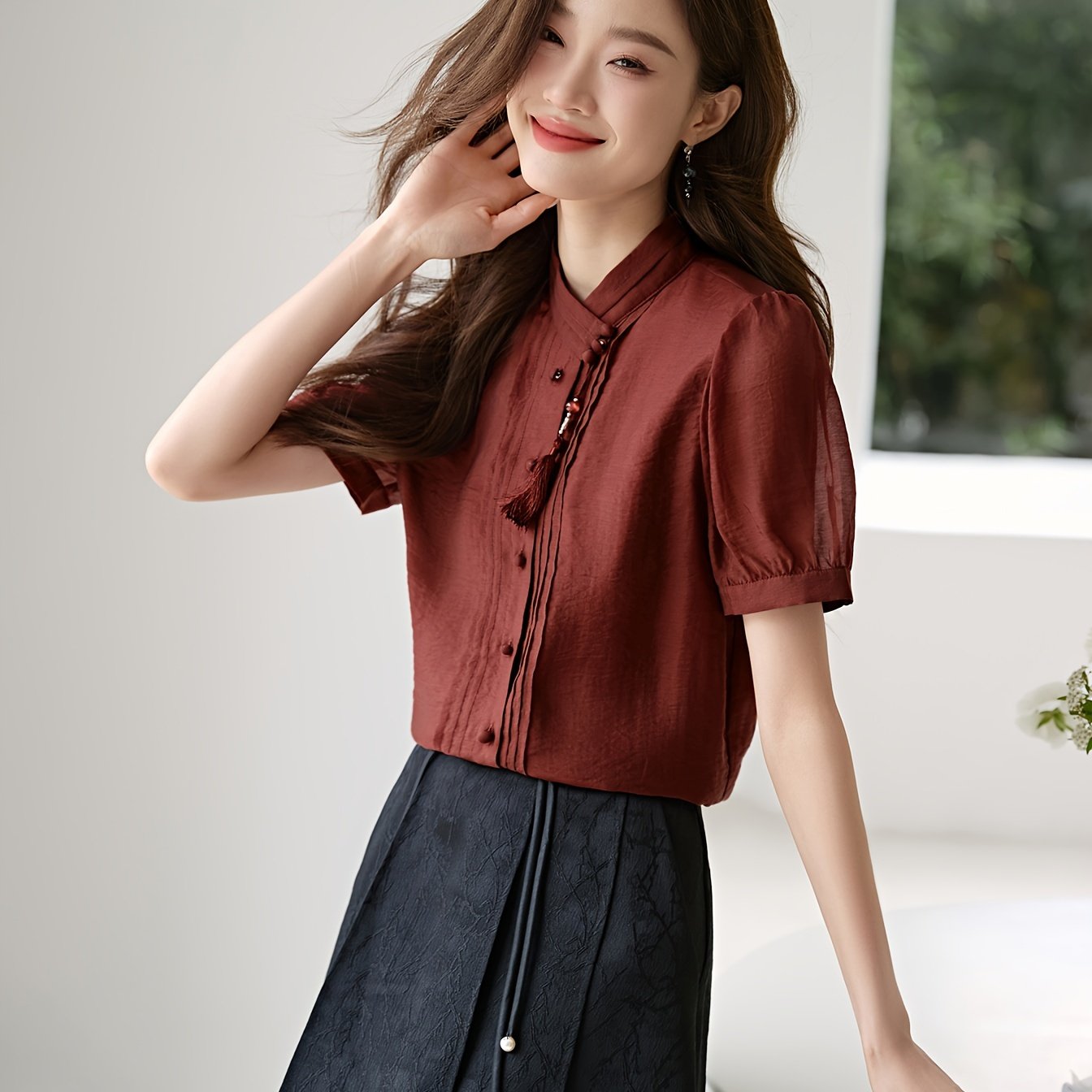 MOHO&MO Elegant Short Sleeve Shirt for Women - Summer Solid Color, Tencel Fabric, Middle Eastern Specialty, Woven, Stand-Up Collar, Fit & Flare, Sleeveless, No Bra Pad, for Going Out