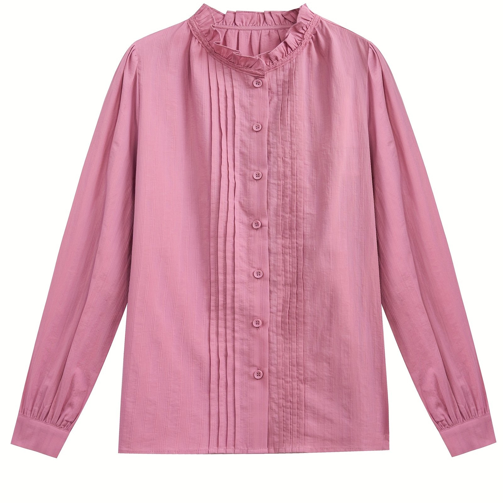Ruffle Trim Button Front Blouse, Casual Solid Color Long Sleeve Pintuck Blouse For Spring & Fall, Women's Clothing