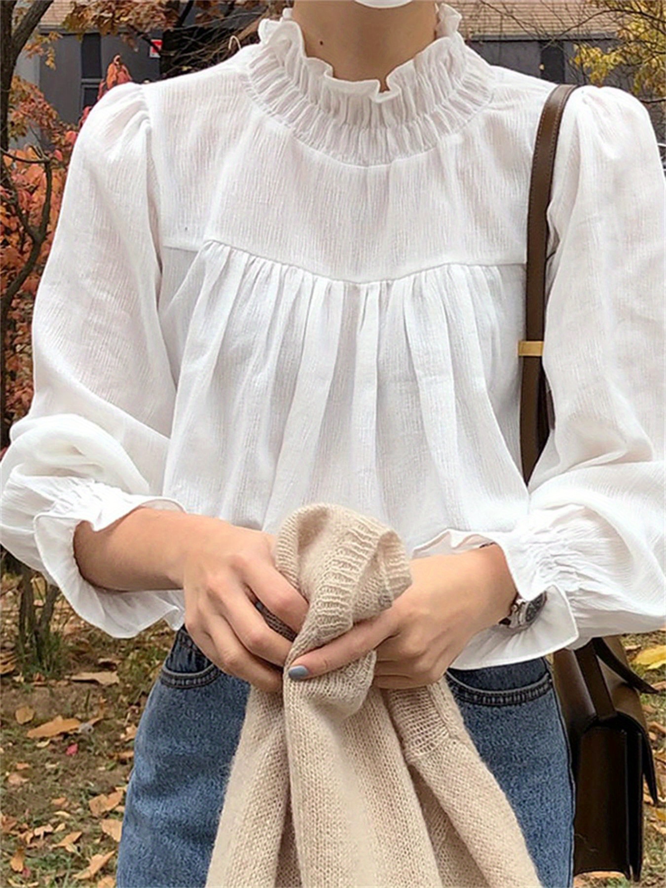 Ruffle Trim Mock Neck Blouse, Casual Solid Long Sleeve Pleated Shirred Blouse For Spring & Fall, Women's Clothing