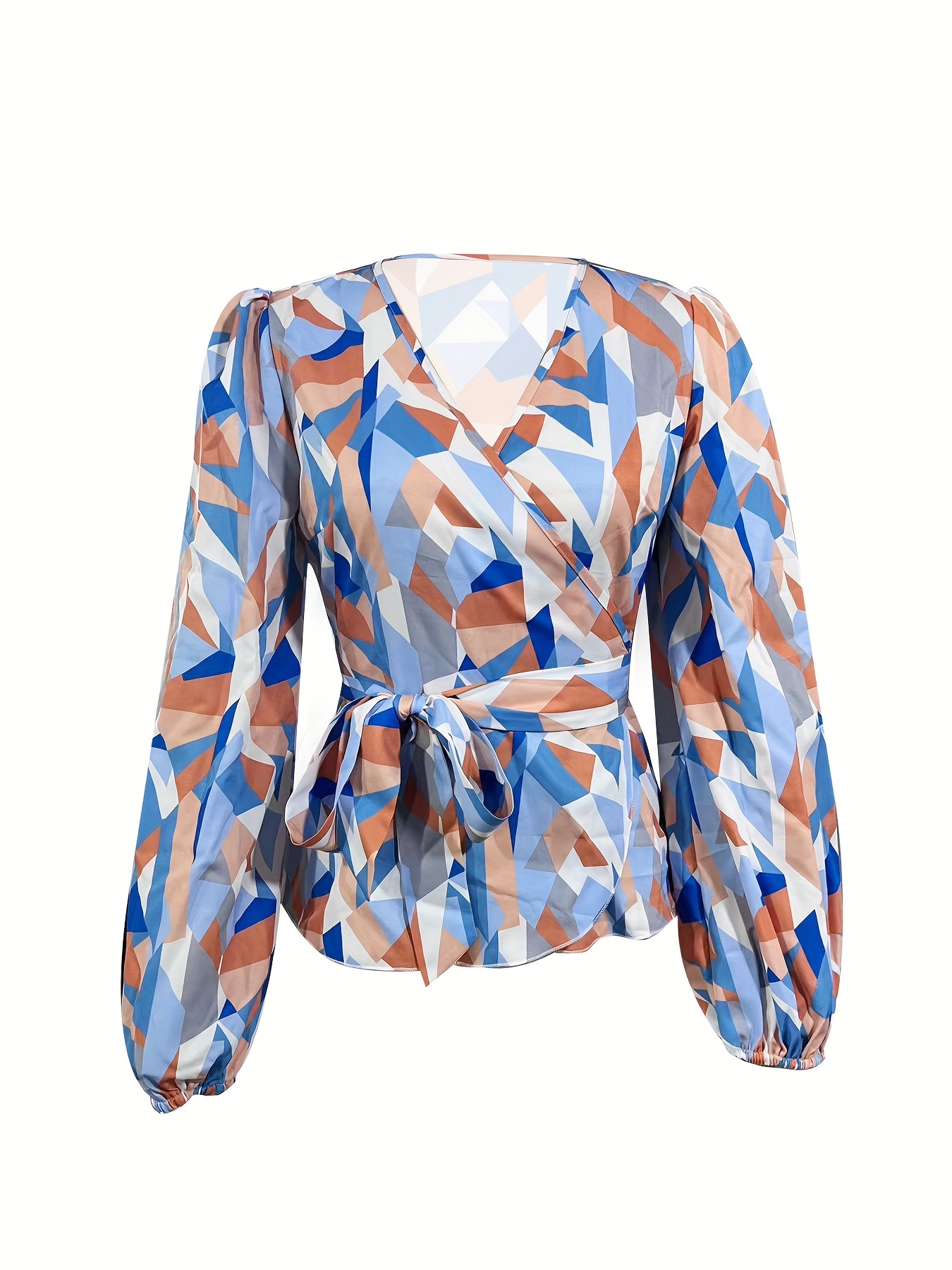 Women's Elegant Polyester Blouse With Geometric Pattern, V-Neck, All-Season, Machine Washable, Classic Style