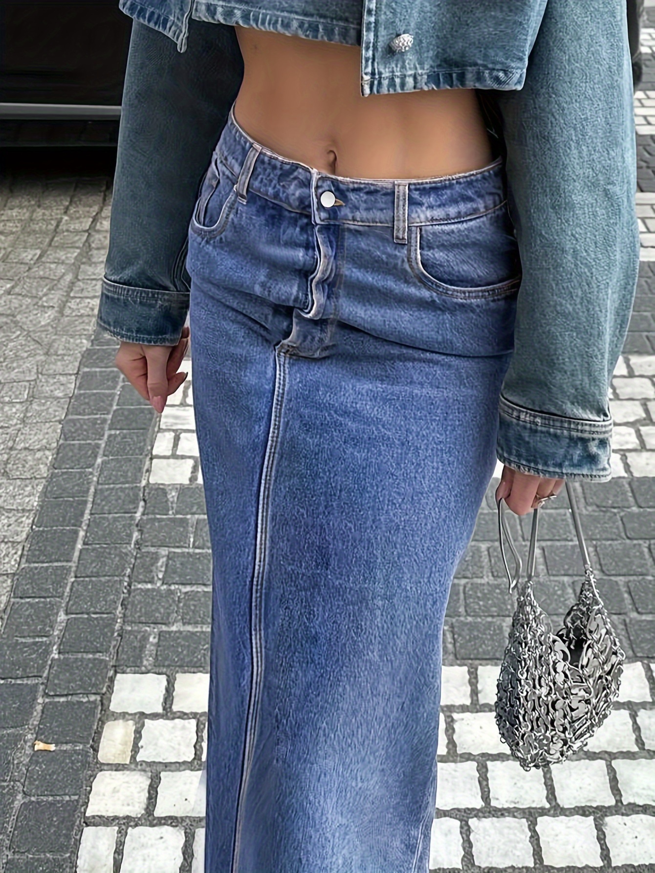 Split Back Hem Plain Washed Blue Streetwear Midi Denim Skirt, Women's Denim Jeans & Clothing