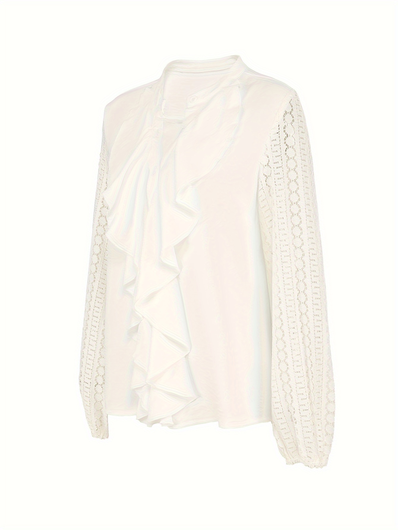Solid Color Notched Neck Blouse, Casual Contrast Lace Long Sleeve Ruffle Trim Blouse For Spring & Fall, Women's Clothing