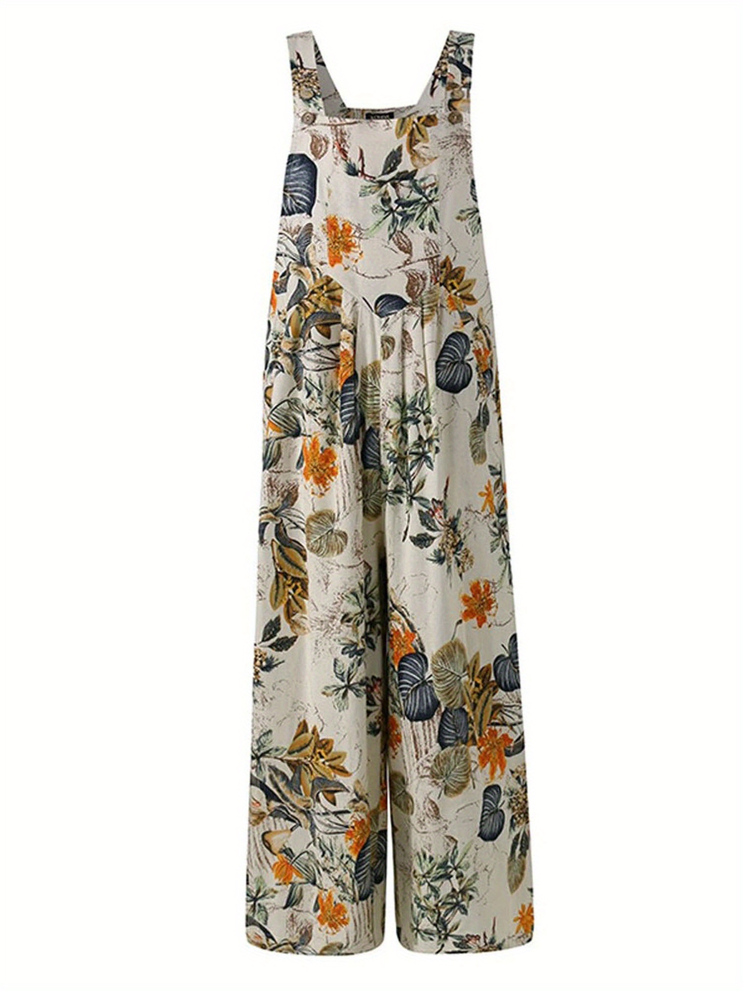 Vintage Chic Floral Print Square Neck Sleeveless Overall Jumpsuit - Stylish Button Decor, Pockets, and Comfortable Design for Spring and Summer - Women's Fashion Clothing for Casual Occasions