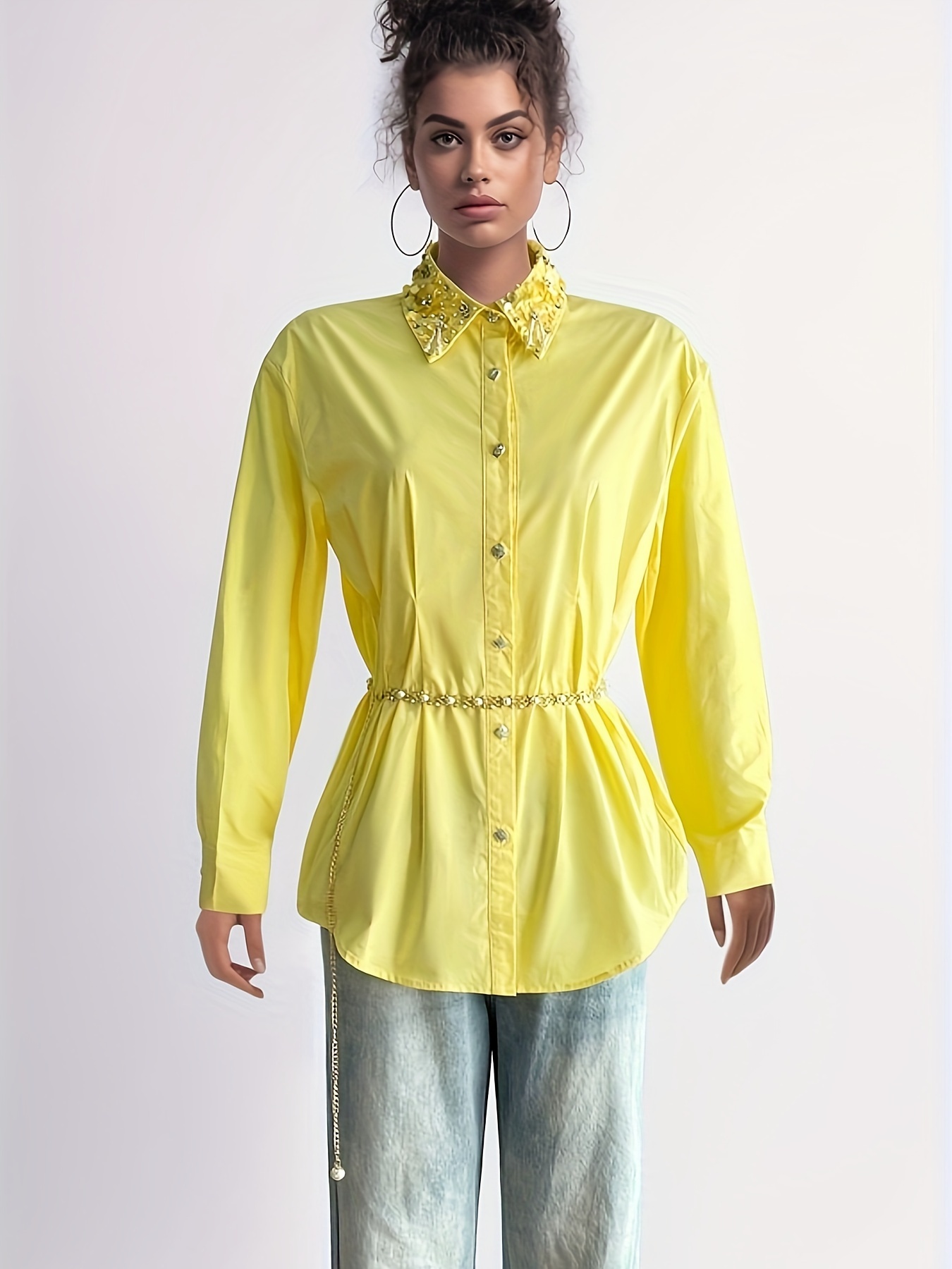 Women's Casual Comfy Vibrant Shirt-100% Polyester, Long Sleeve, Chain Belt, Rhinestone Trim Neckline, Single Breasted, Straight Hem-perfect For Work&vacation