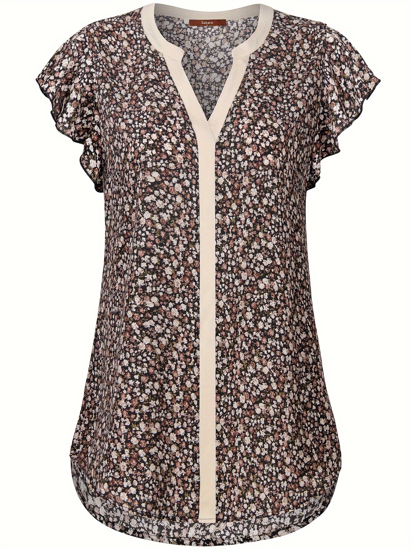 Floral Print Contrast Trim Blouse, Cute Notched Neck Short Sleeve Blouse For Spring & Summer, Women's Clothing
