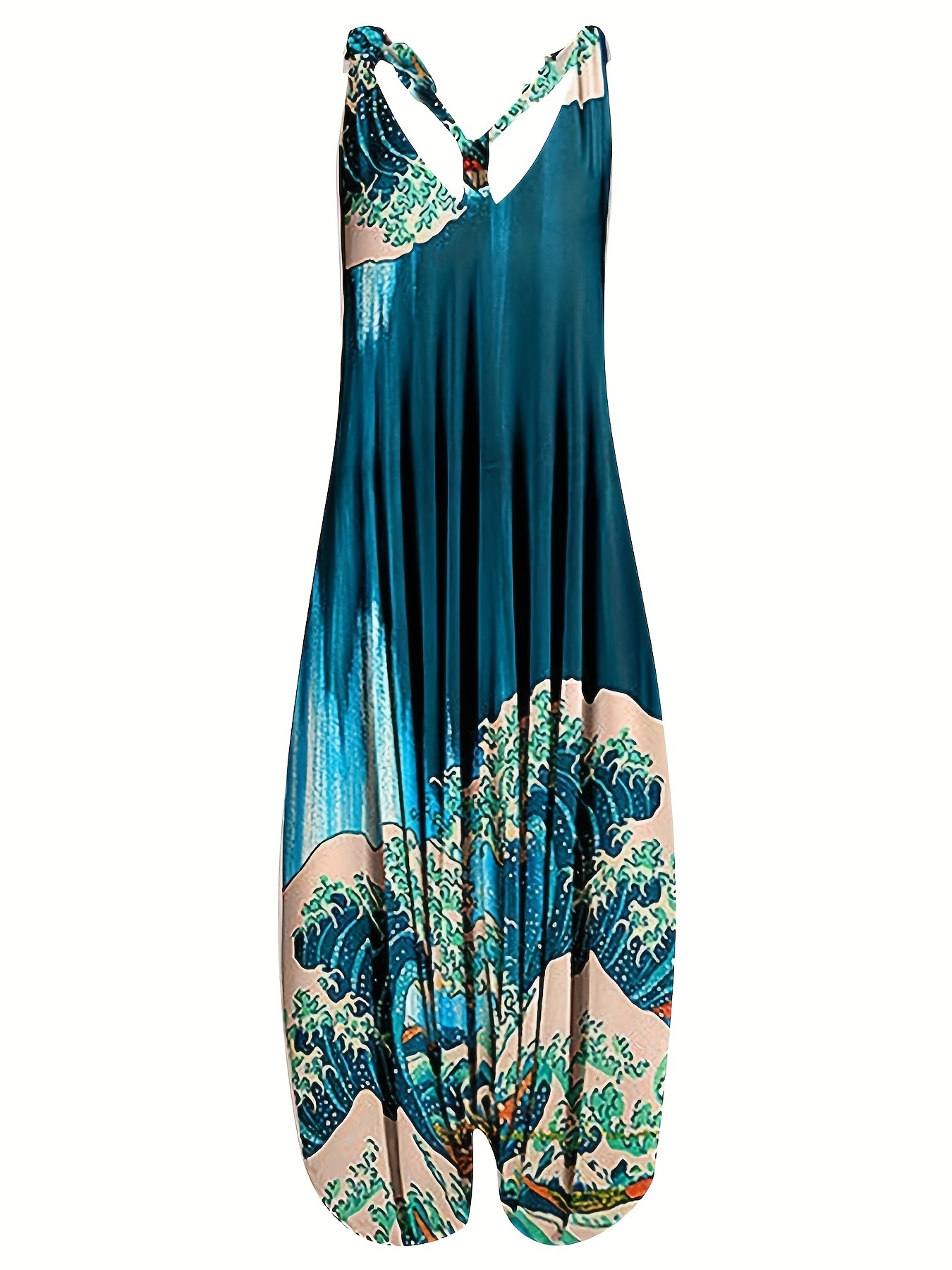 Graphic Print V Neck Harem Jumpsuit, Casual Spaghetti Strap Jumpsuit For Spring & Summer, Women's Clothing