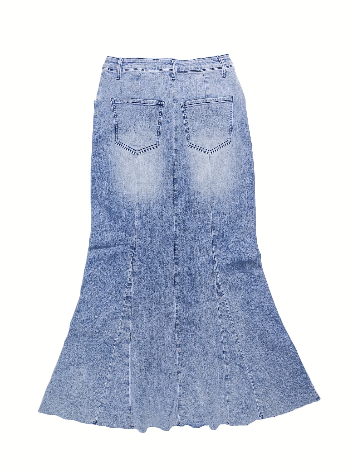 Raw Hem Plain Washed Blue Elegant Style Maxi Denim Skirt, Women's Denim Jeans & Clothing