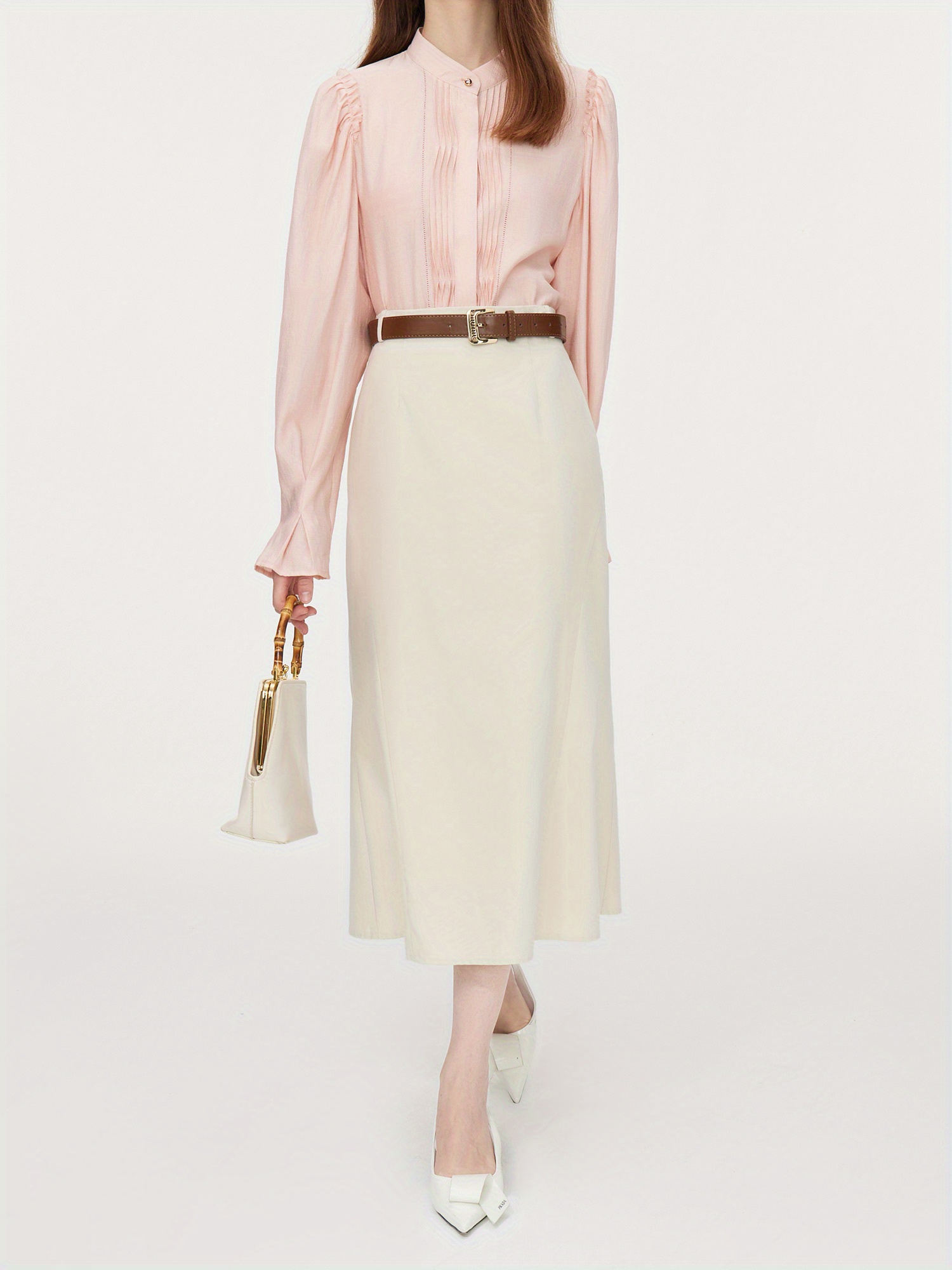 Elegant French-Inspired Women's Blouse - Long Sleeve With Stand Collar & Pleated Detail, Non-Stretch Viscose Blend, Perfect For Fall