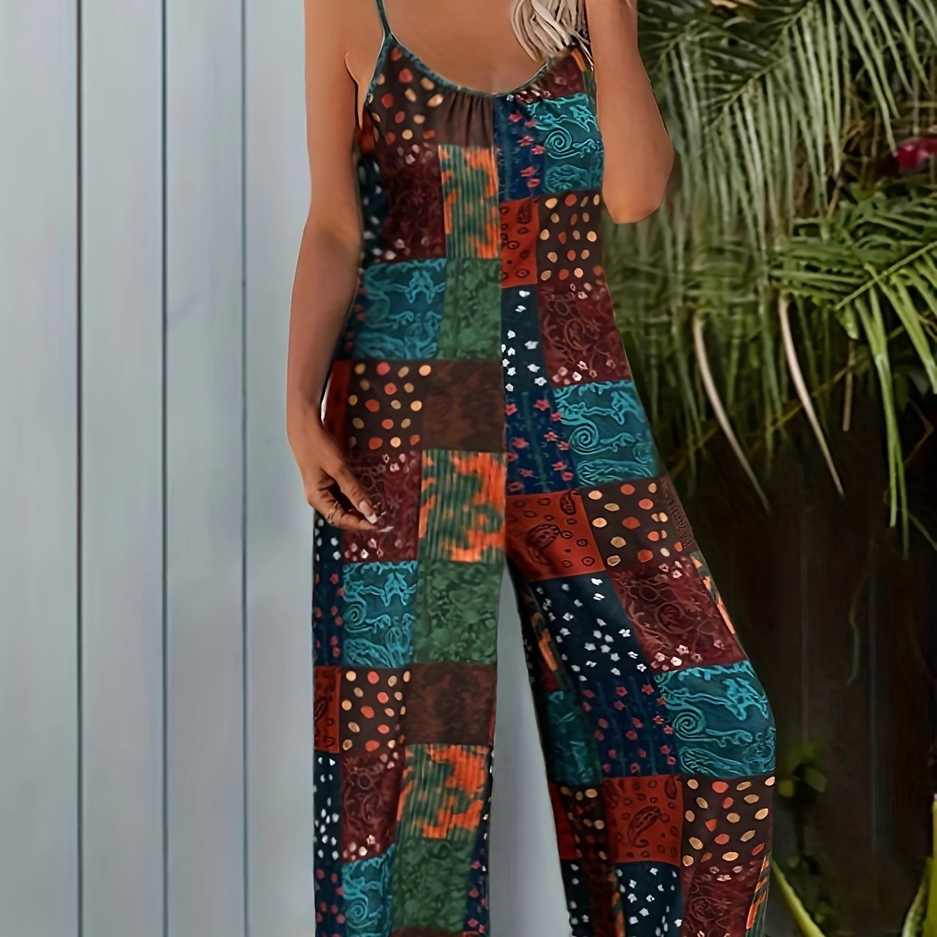 Vintage-Inspired Jumpsuit - Unique Patchwork Print, Sultry Backless Design, Delicate Spaghetti Strap - Perfect for Women Who Want to Make a Statement, Ideal for Casual Outings, Date Nights, or Special Occasions