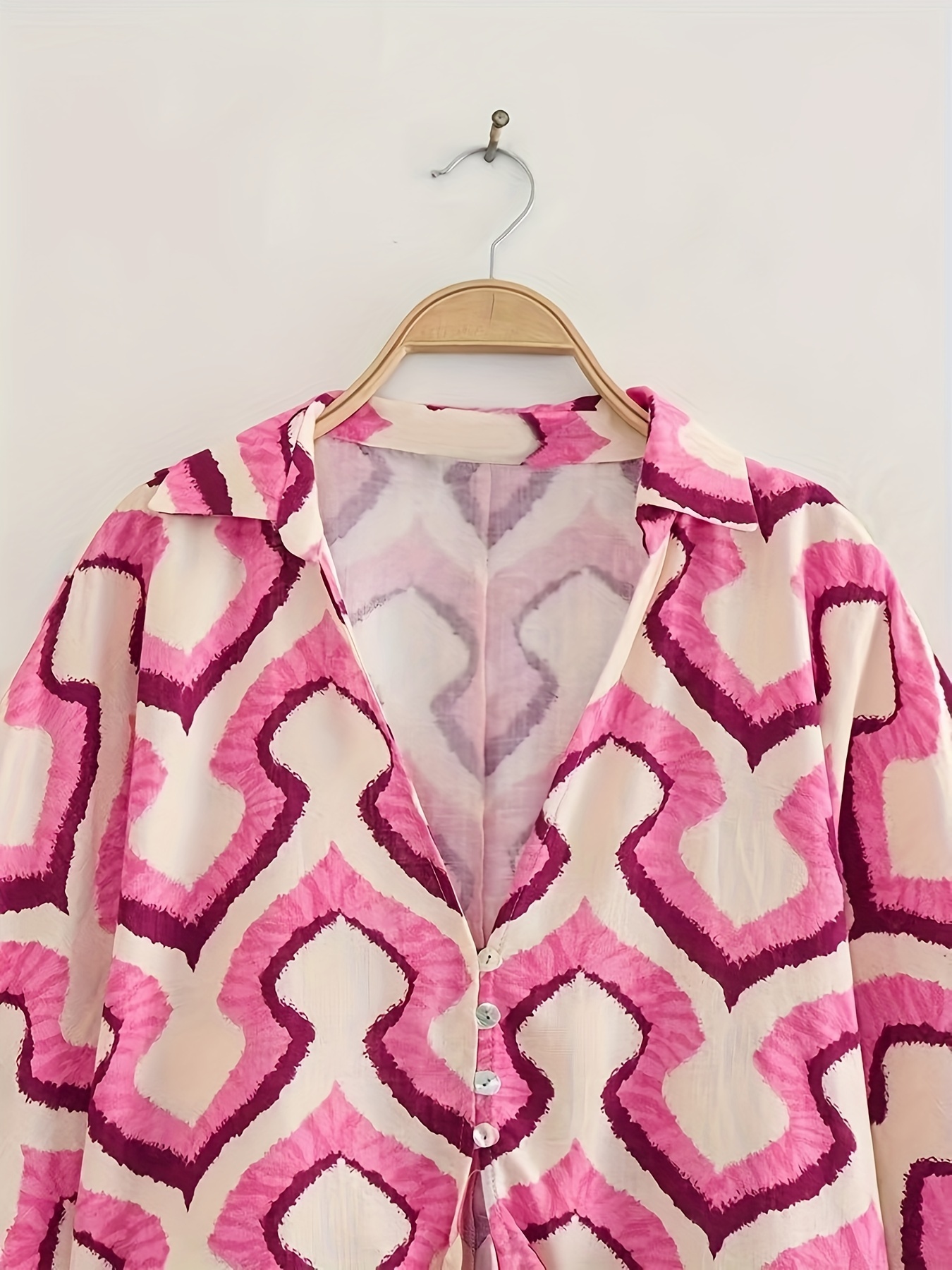 Graphic Print Button Front Shirt, Versatile Tie Front V-neck Shirt For Spring & Fall, Women's Clothing