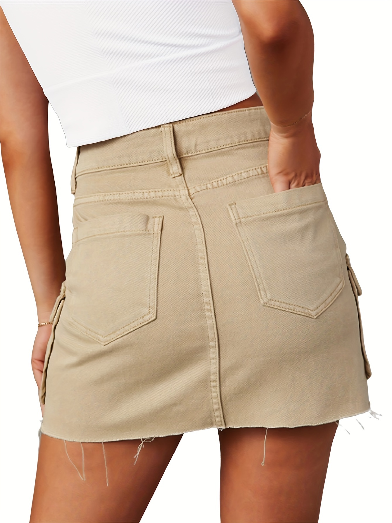 Women's Casual High-Waist Denim Mini Skirt, Cargo Style With Pockets, Frayed Hem Jean Skirt, Plain