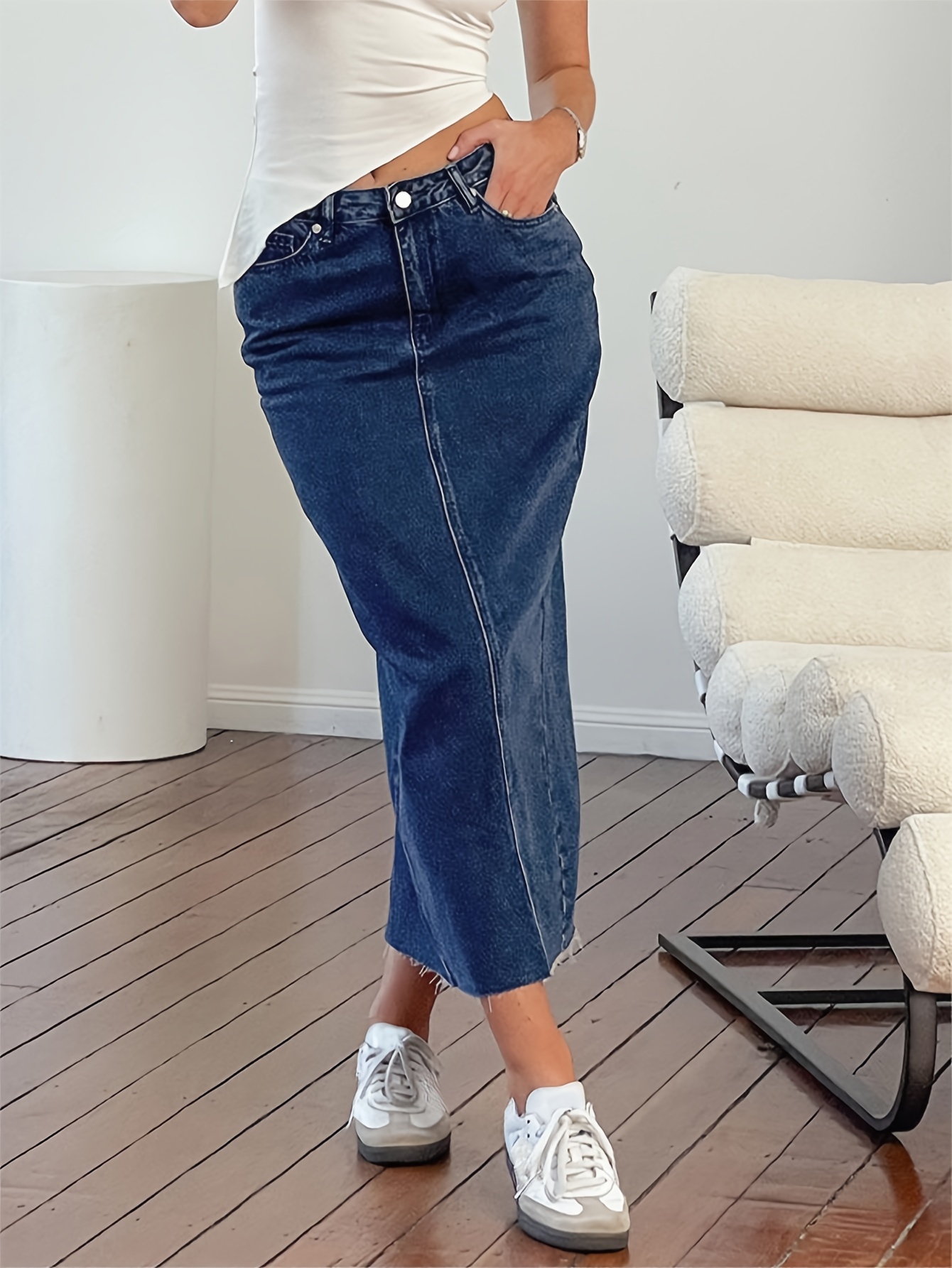 Raw Hem Plain Washed Blue Retro Style Midi Denim Skirt With Slant Pocket, Women's Denim Jeans & Clothing