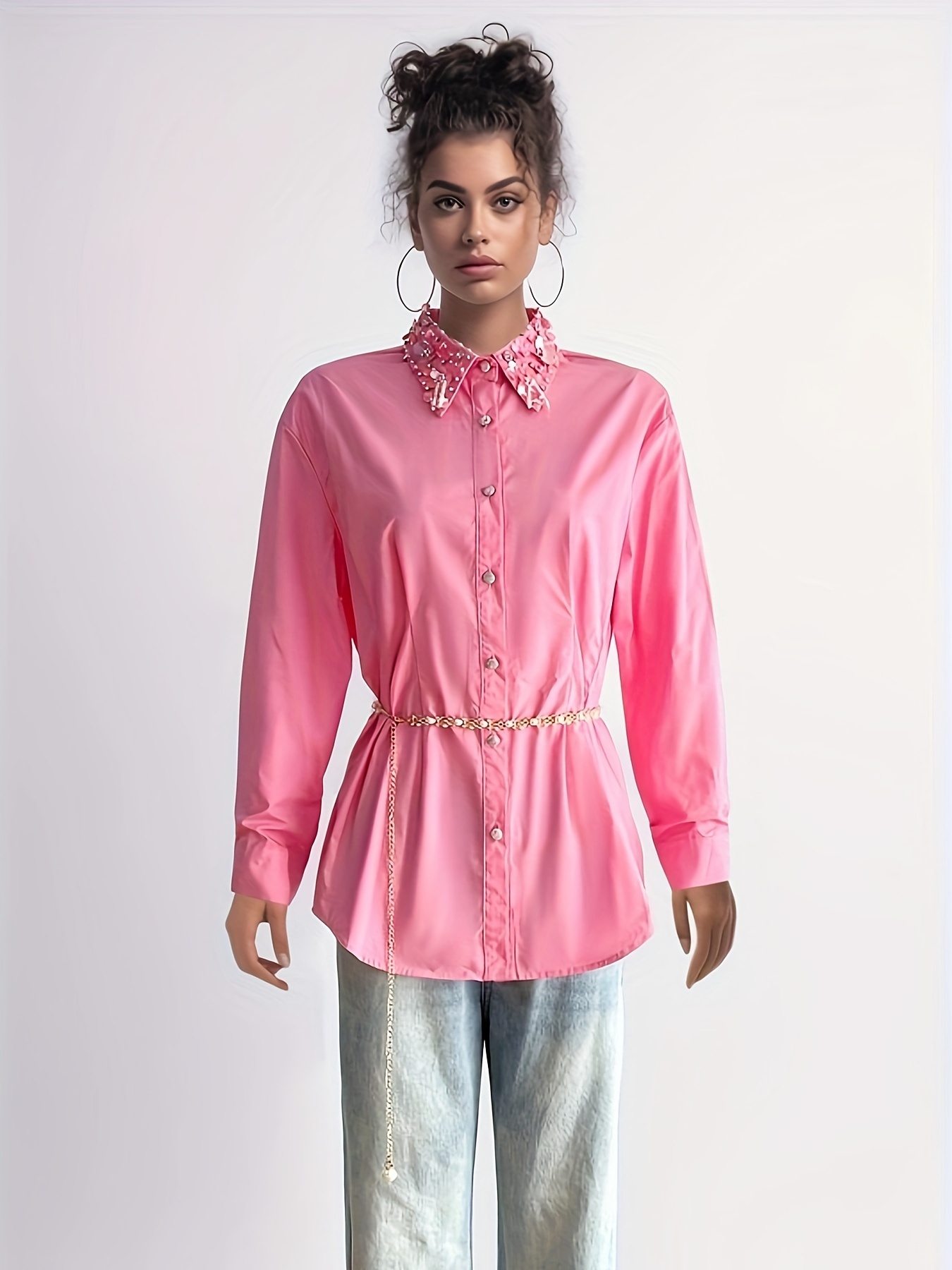 Women's Casual Comfy Vibrant Shirt-100% Polyester, Long Sleeve, Chain Belt, Rhinestone Trim Neckline, Single Breasted, Straight Hem-perfect For Work&vacation
