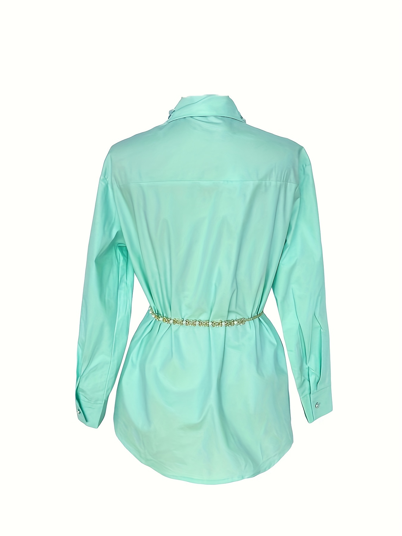 Women's Casual Comfy Vibrant Shirt-100% Polyester, Long Sleeve, Chain Belt, Rhinestone Trim Neckline, Single Breasted, Straight Hem-perfect For Work&vacation