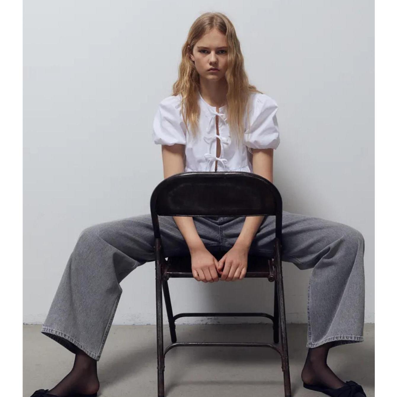 Tie Up Front Crew Neck Blouse, Elegant Short Puff Sleeve Ruffle Hem Blouse For Spring & Summer, Women's Clothing